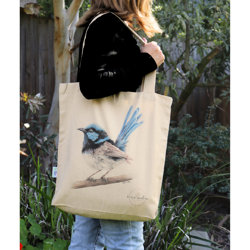 Australian-artist-illustration-tote-bag-blue-wren-in-use