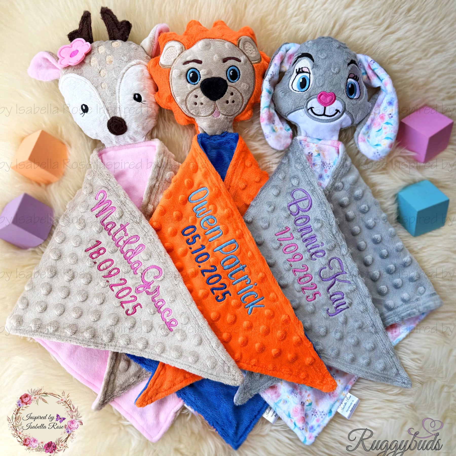 Baby comforter, Embroidered name, Lion themed Ruggybud, Made to order