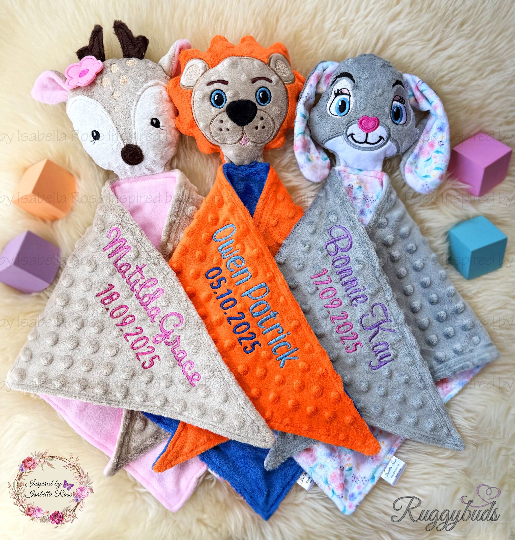 Baby comforter, Embroidered name, Lion themed Ruggybud, Made to order
