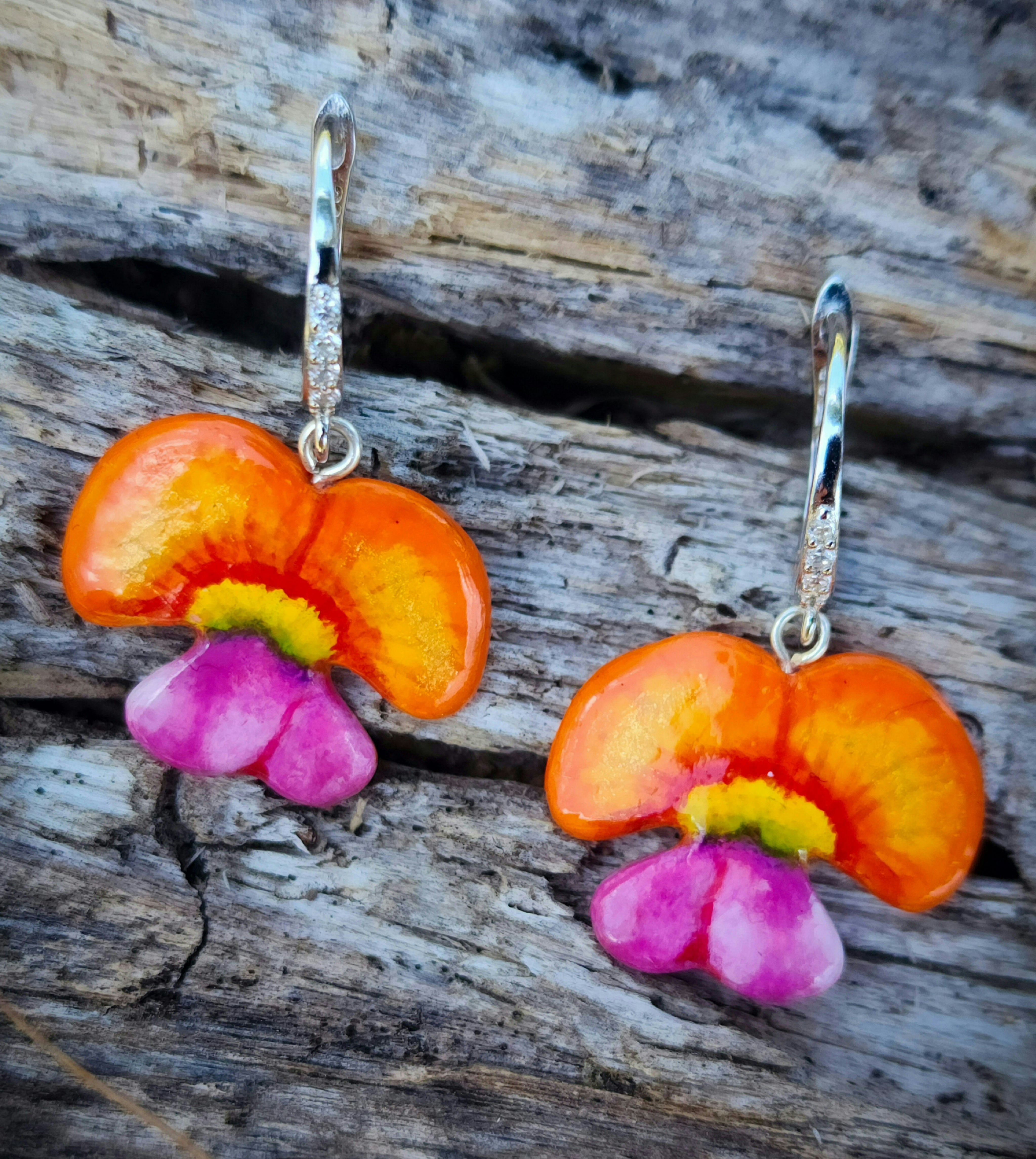 Flower earrings, flame pea, native Australian flora, handpainted, handcarved, silver earrings, french hook