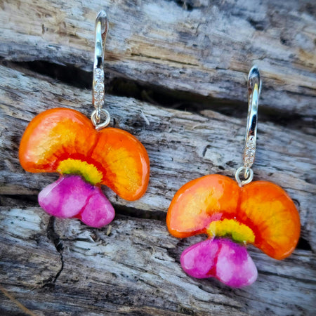 Flower earrings, flame pea, native Australian flora, handpainted, handcarved, silver earrings, french hook