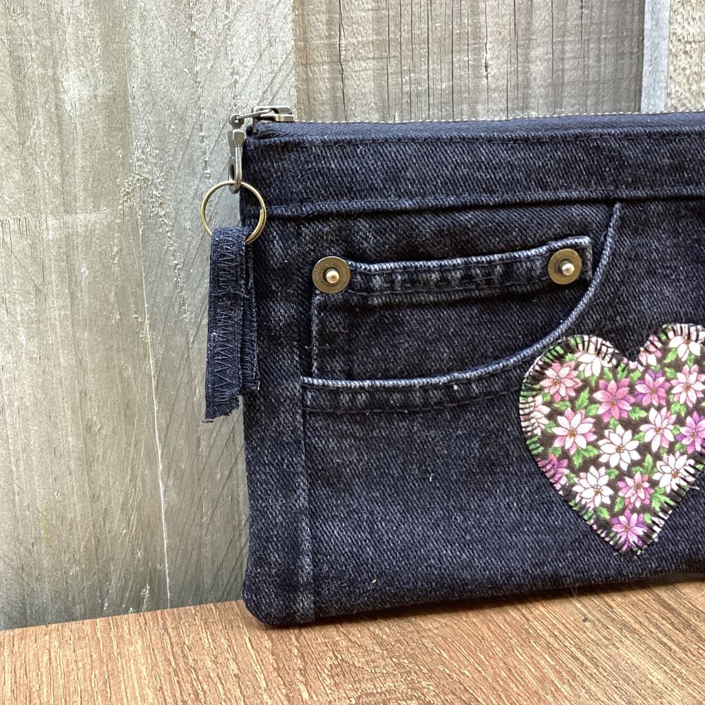 Black Upcycled Denim Purse – Pink Floral Heart
