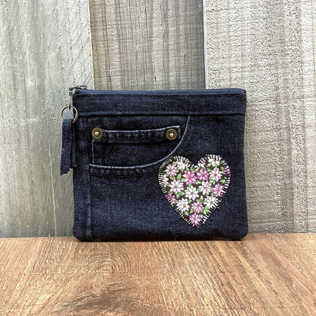 Black Upcycled Denim Purse – Pink Floral Heart