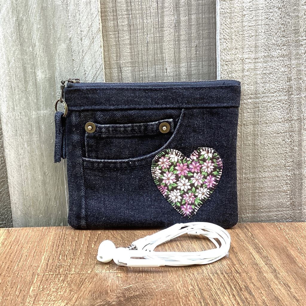 Black Upcycled Denim Purse – Pink Floral Heart