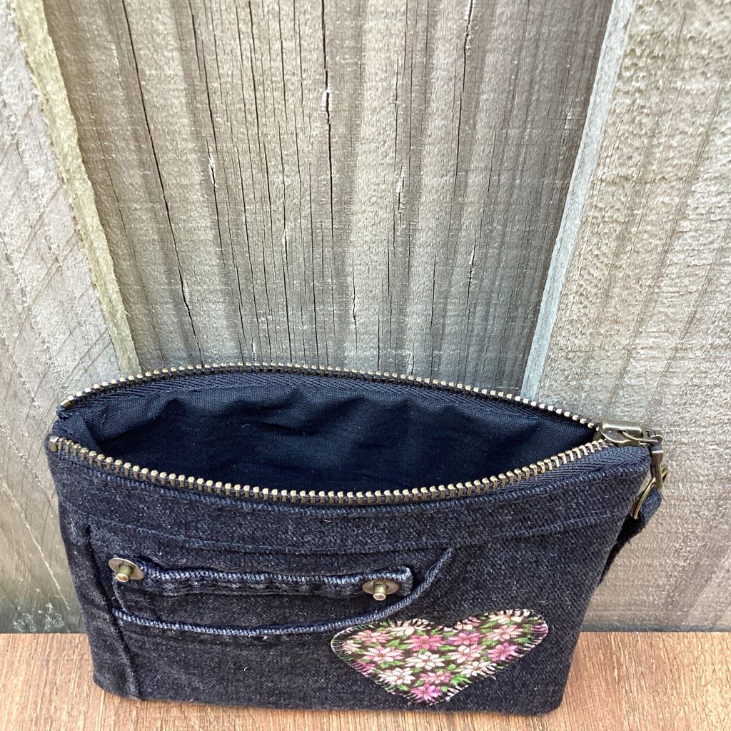 Black Upcycled Denim Purse – Pink Floral Heart