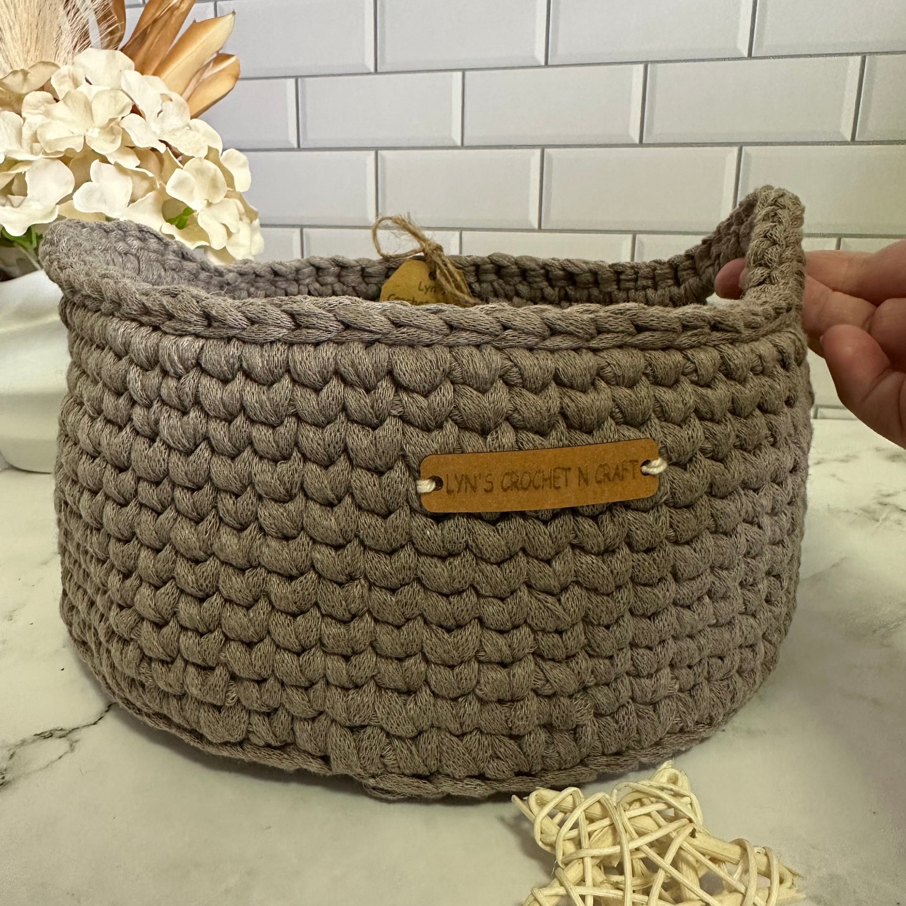 Neutral Beige Crocheted Basket with Handles