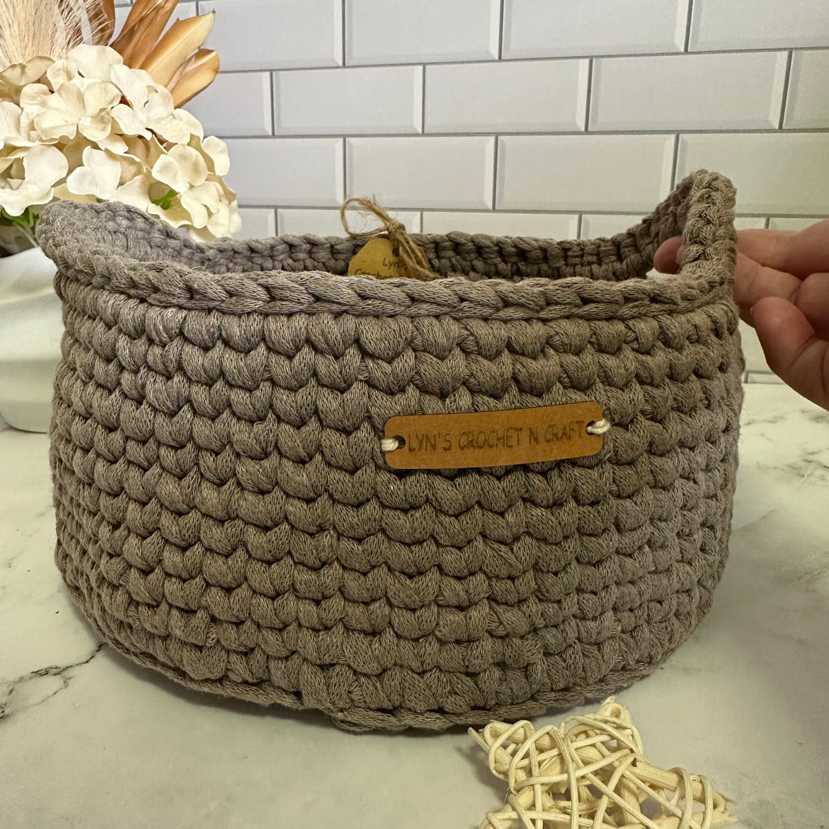Neutral Beige Crocheted Basket with Handles