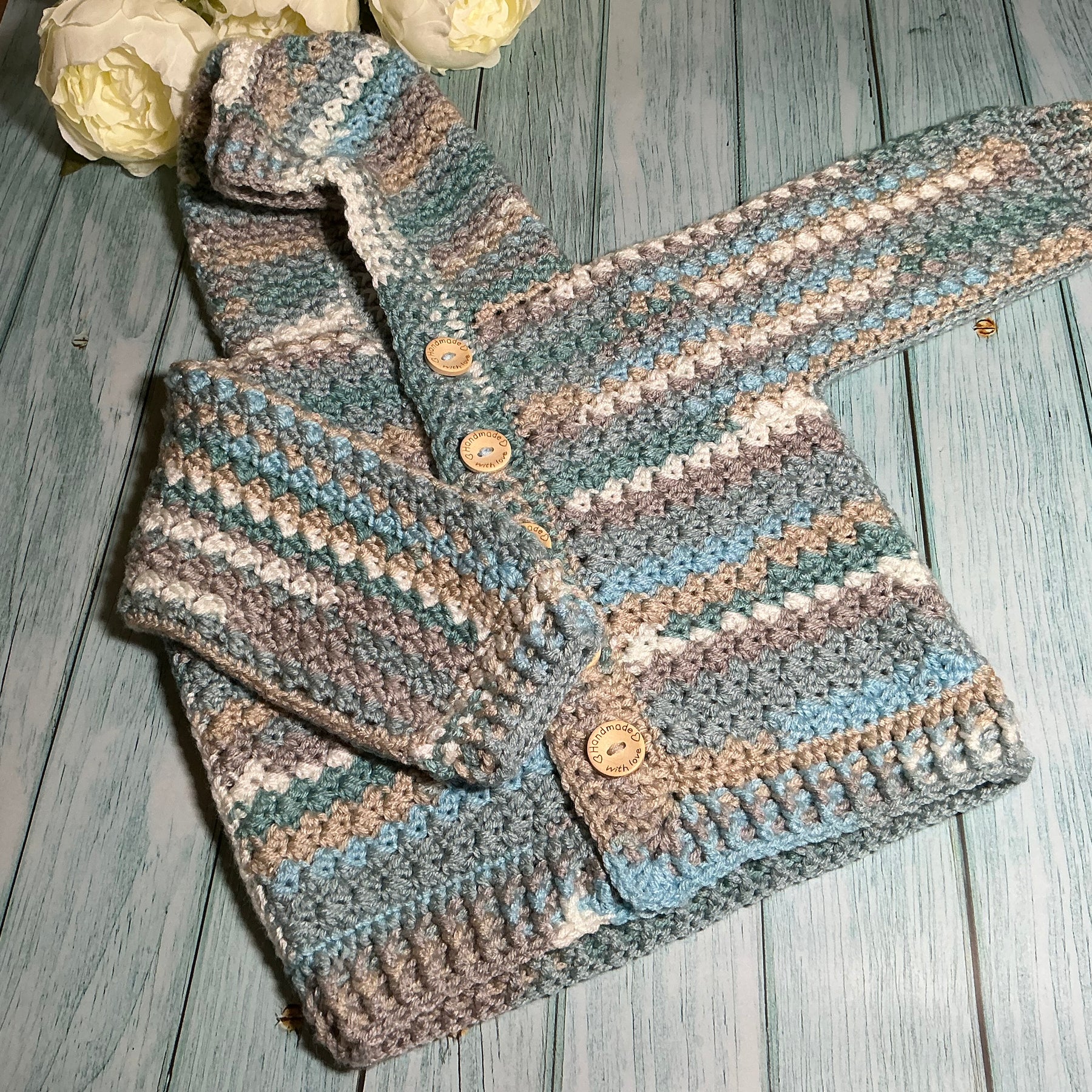 Hand Crocheted Rainbow Hugs Hoodie Cardigan | 6-12 months