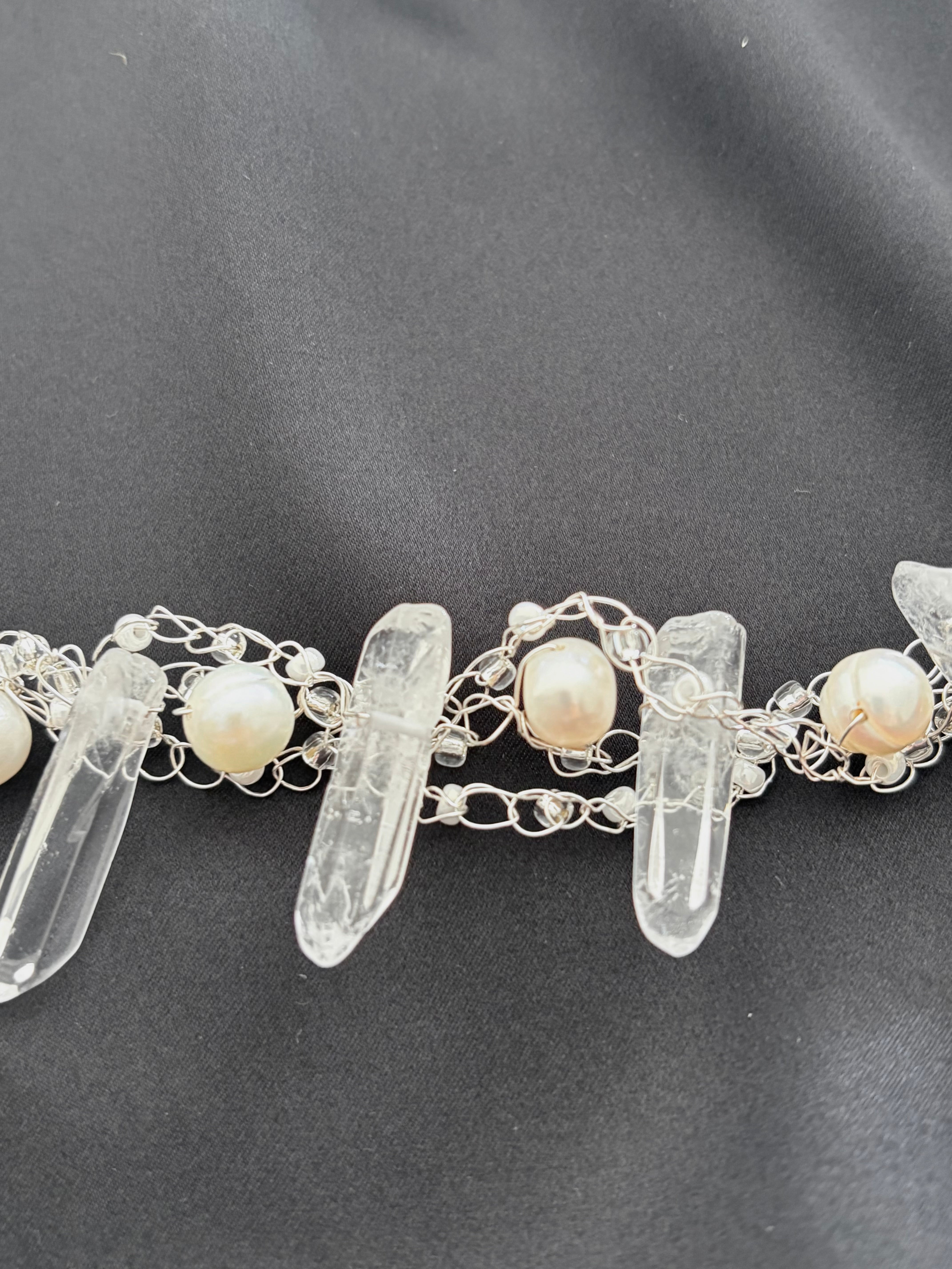 “The Snow Queen” Crochet Pearls & Crystals Necklace