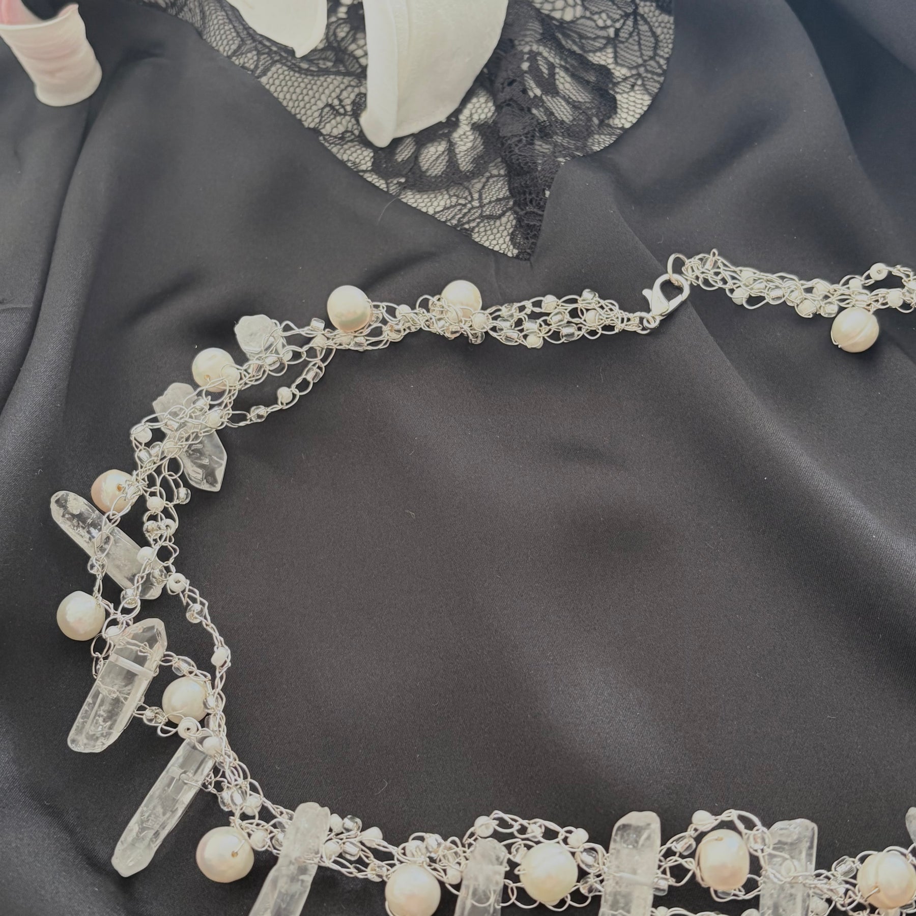 “The Snow Queen” Crochet Pearls & Crystals Necklace