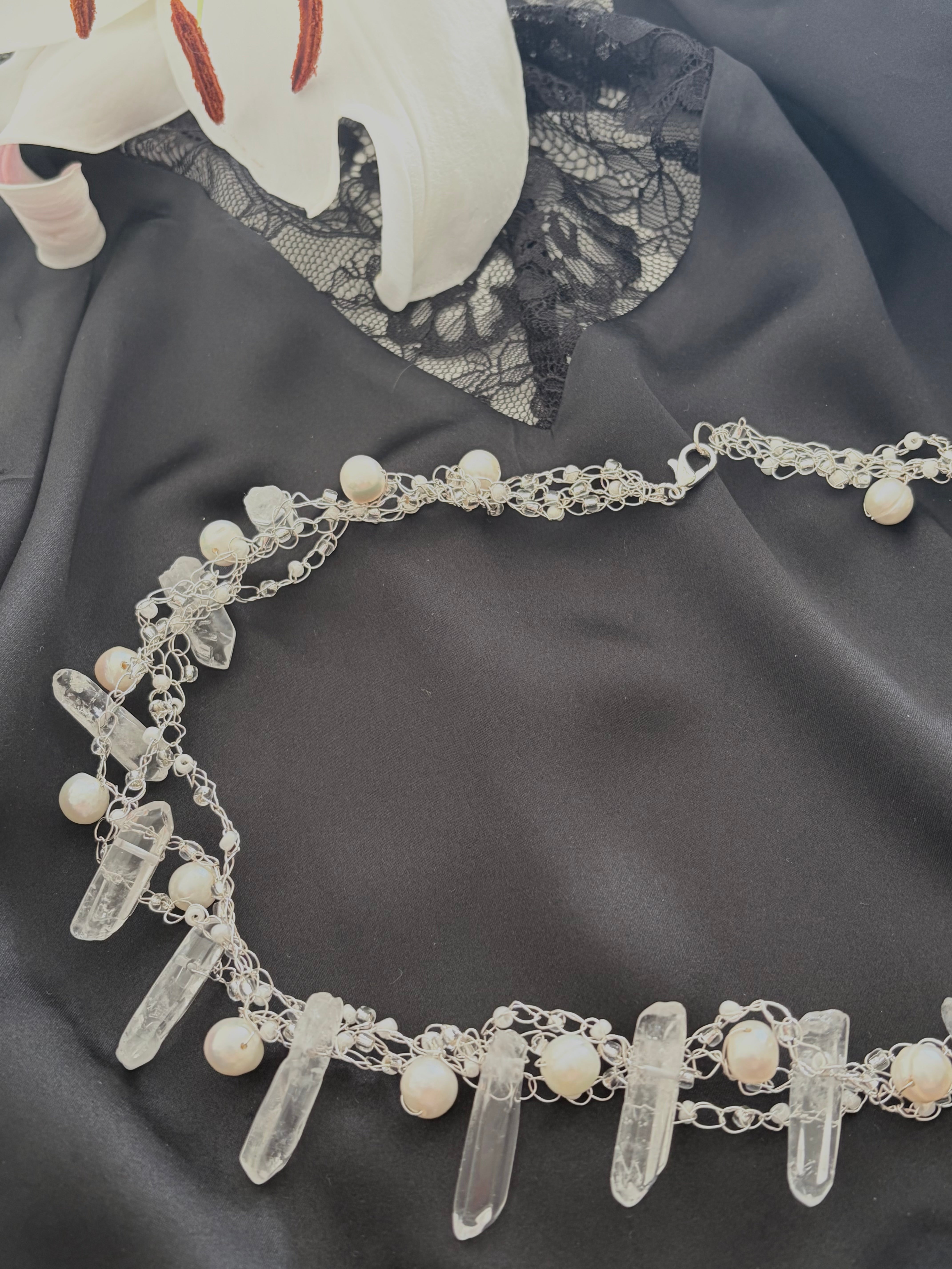 “The Snow Queen” Crochet Pearls & Crystals Necklace