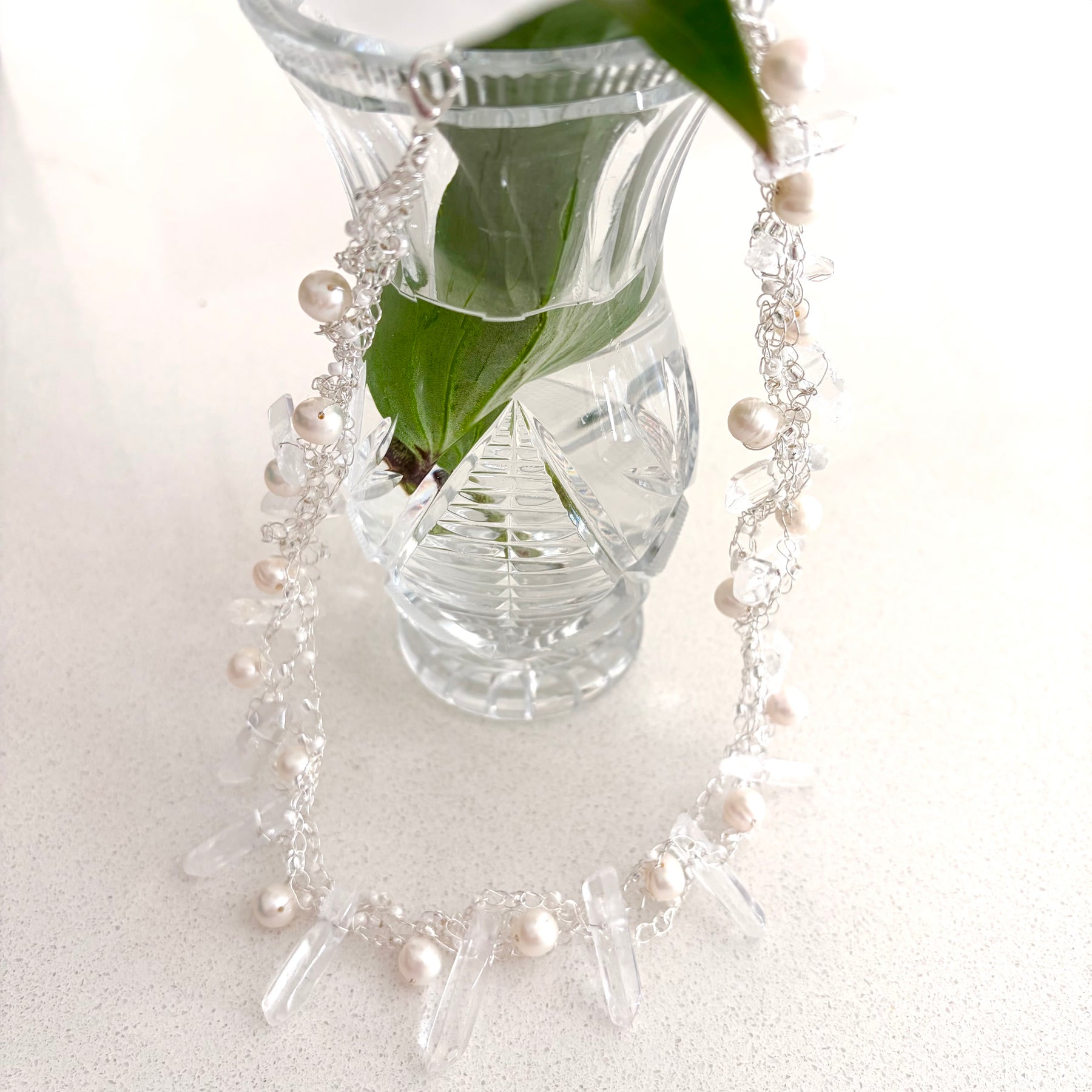 “The Snow Queen” Crochet Pearls & Crystals Necklace
