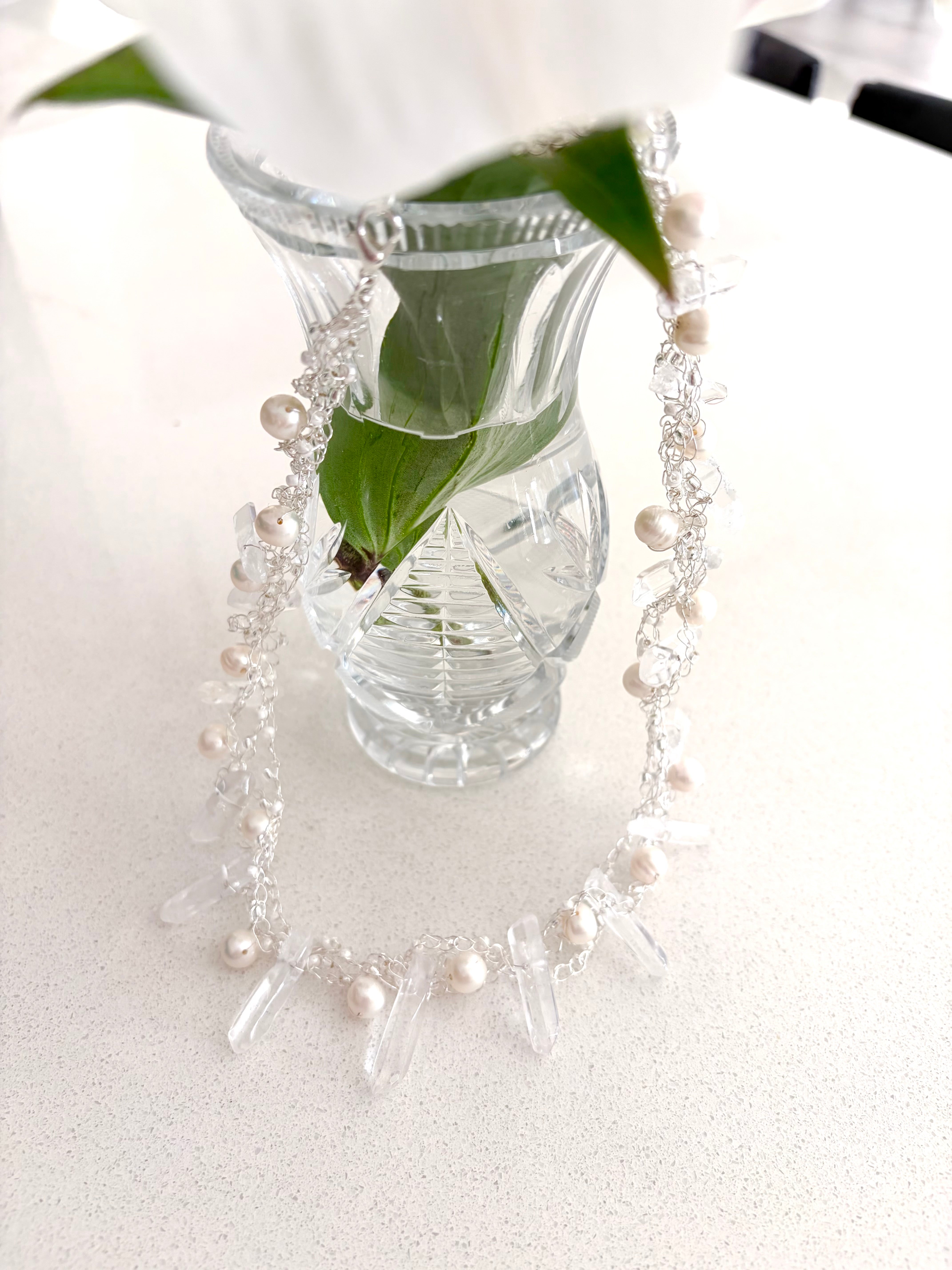 “The Snow Queen” Crochet Pearls & Crystals Necklace
