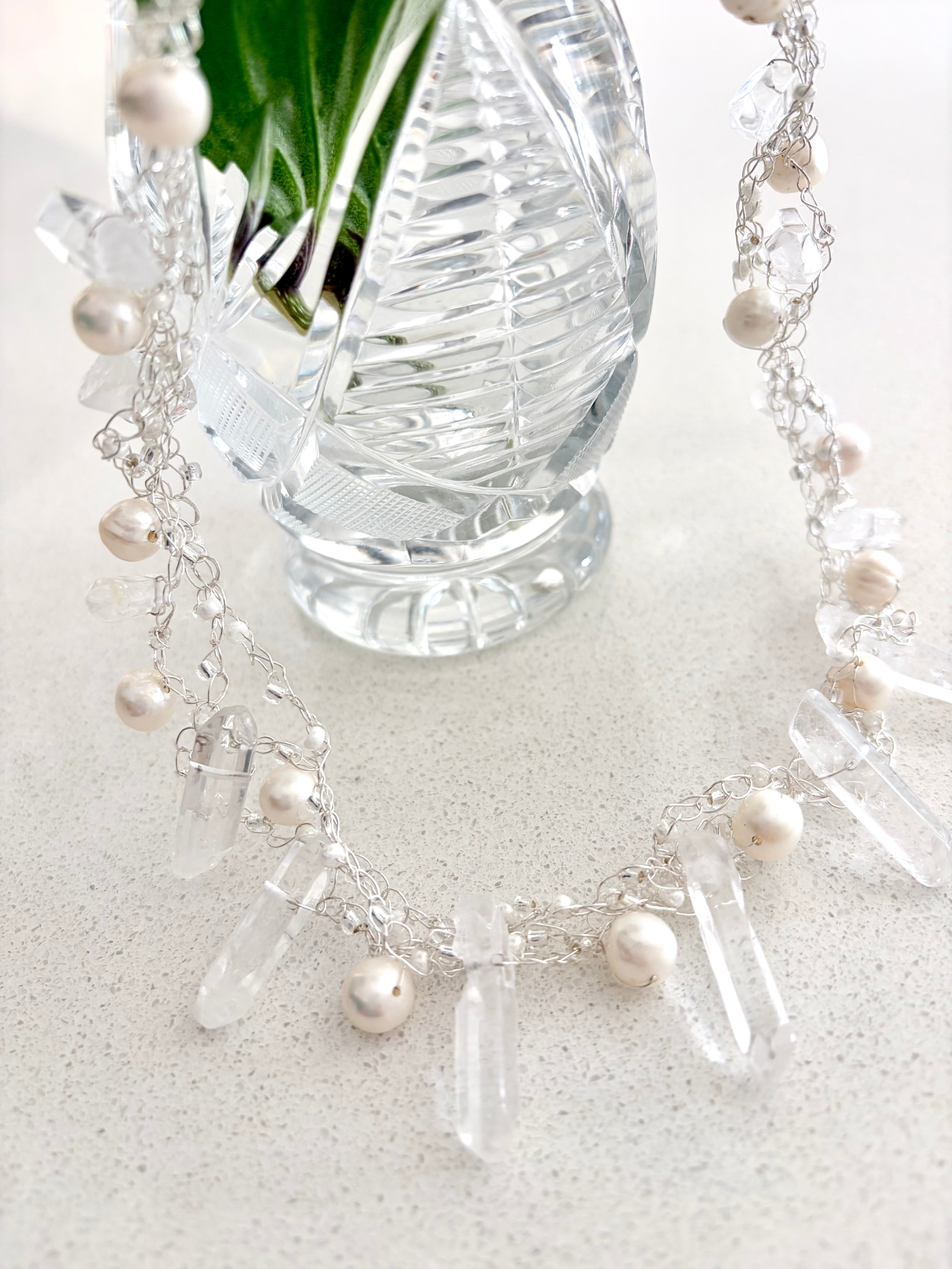 “The Snow Queen” Crochet Pearls & Crystals Necklace