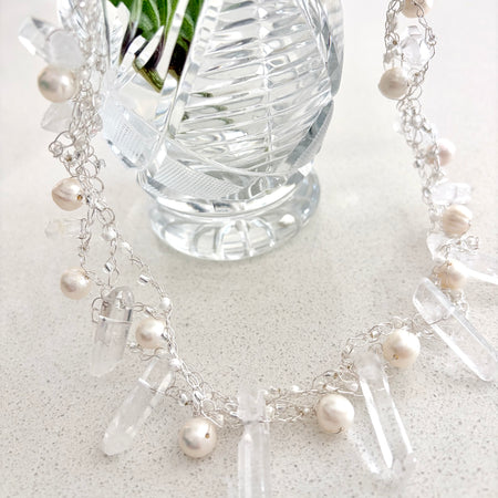 “The Snow Queen” Crochet Pearls & Crystals Necklace