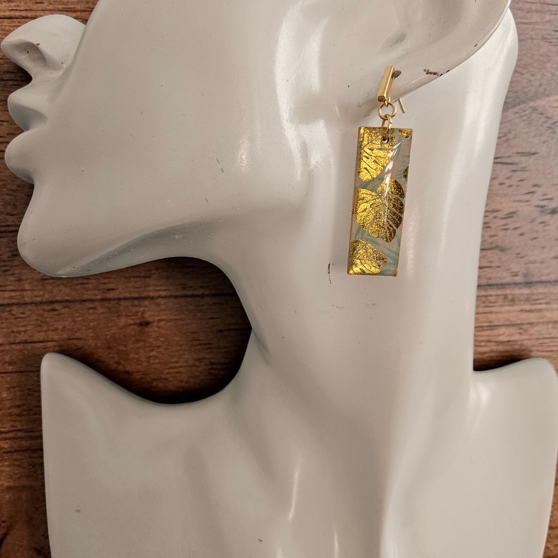 Unique Japanese Chiyogami Paper Earrings - Gold Monstera Print with Aqua White