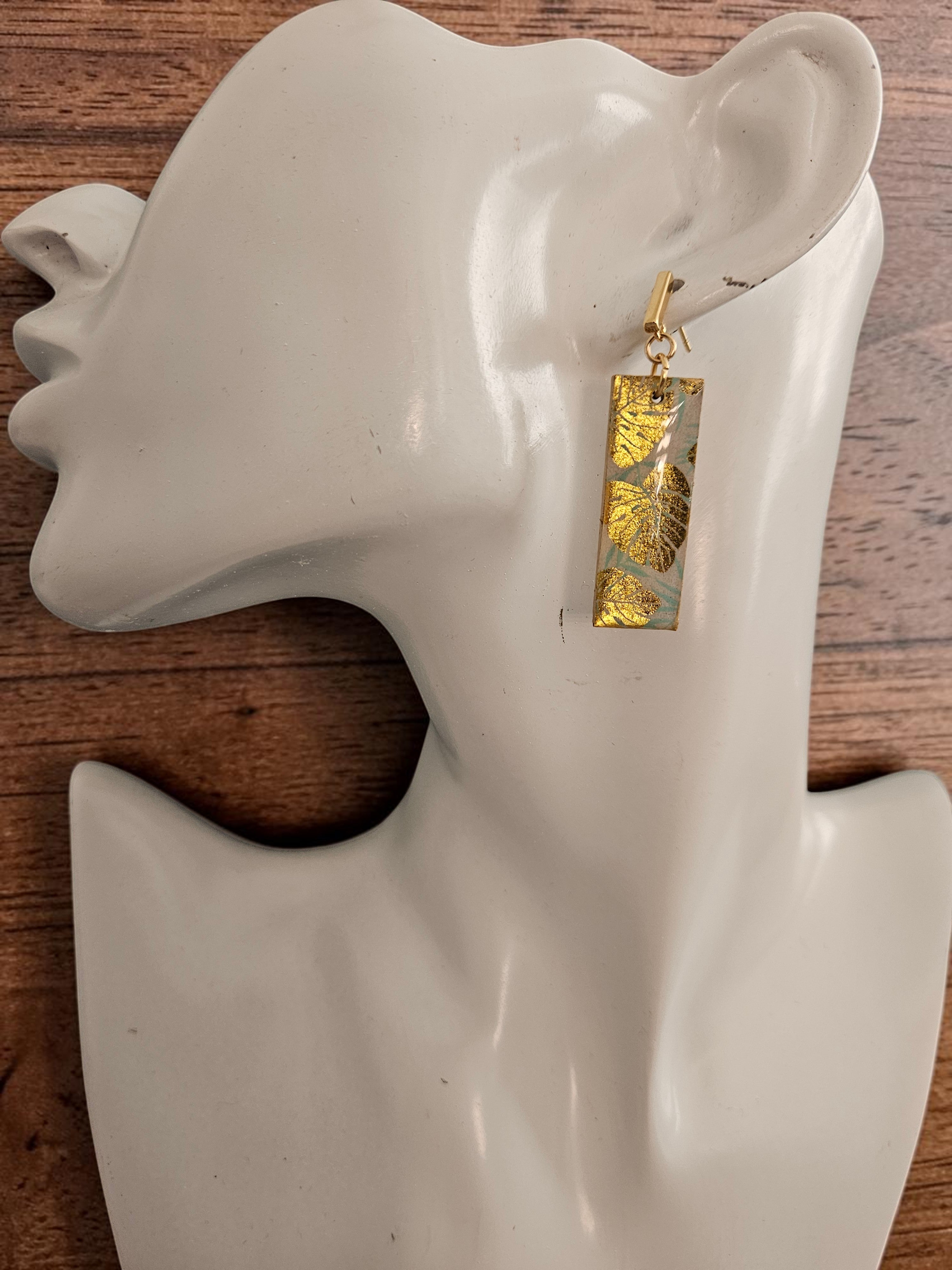 Unique Japanese Chiyogami Paper Earrings - Gold Monstera Print with Aqua White