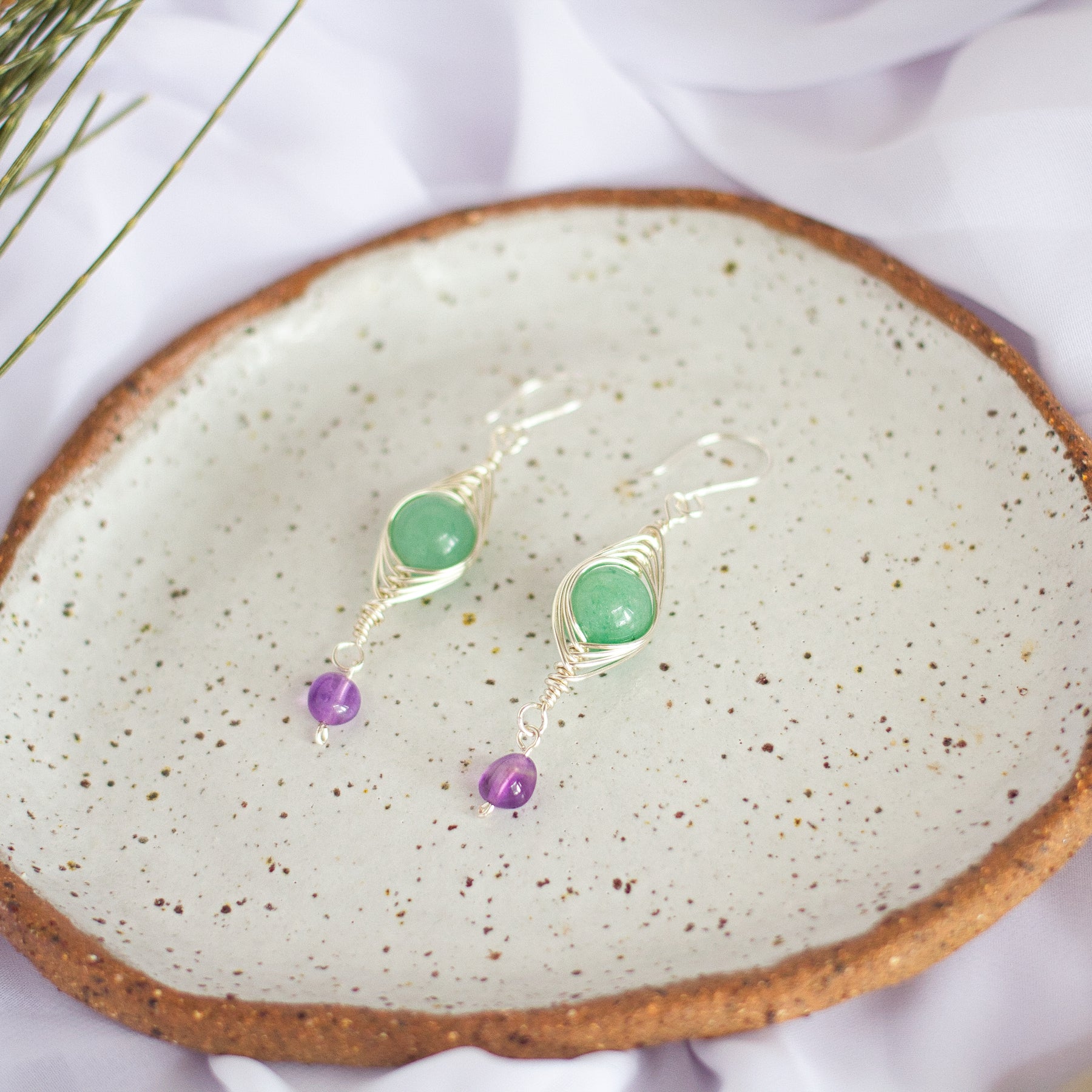 Green Aventurine and Amethyst Earrings | Gemstone Wire Wrap Jewellery
