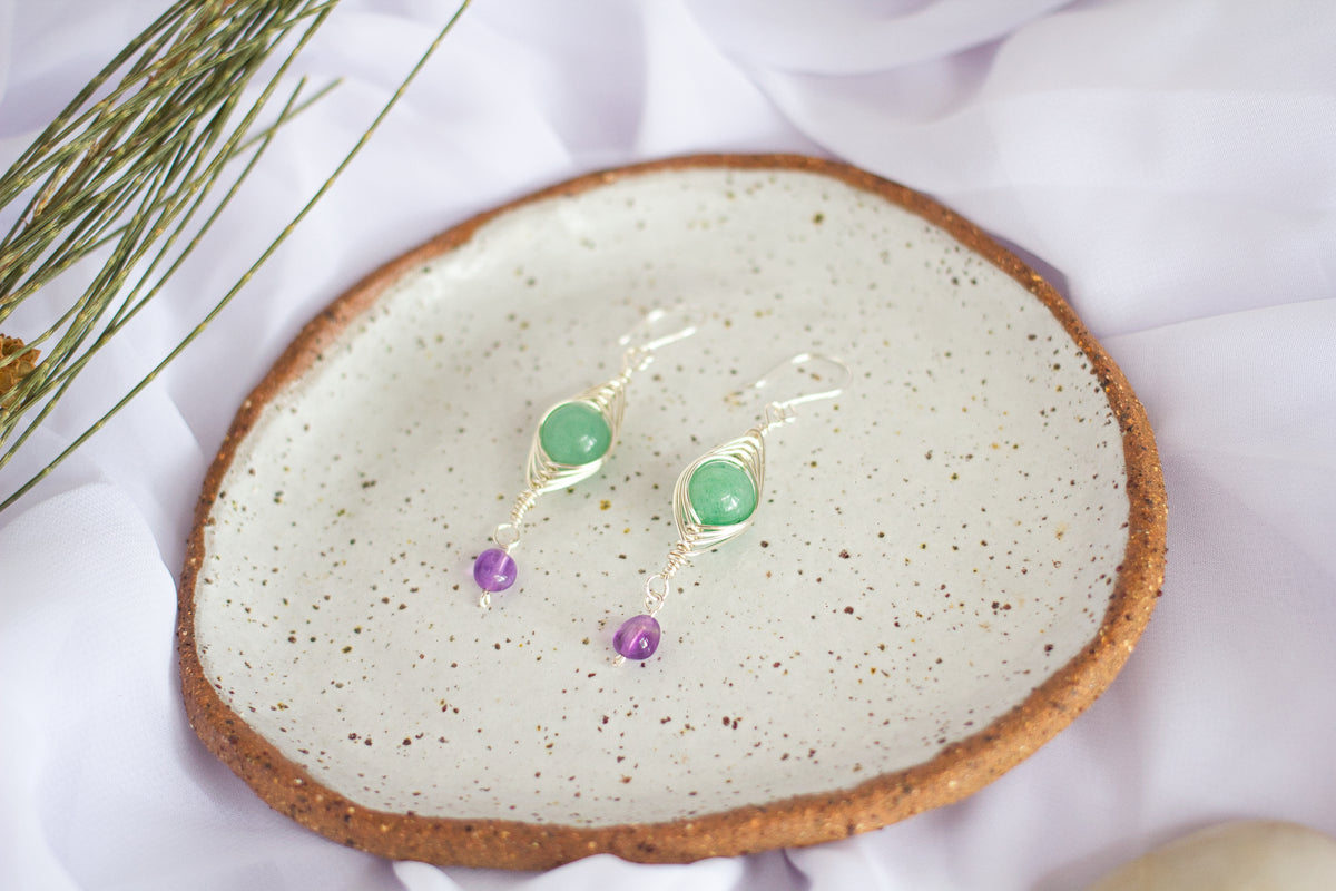 Green Aventurine and Amethyst Earrings | Gemstone Wire Wrap Jewellery