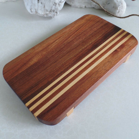 Serving Board with Dovetailed Legs- Blackwood with Huon Pine