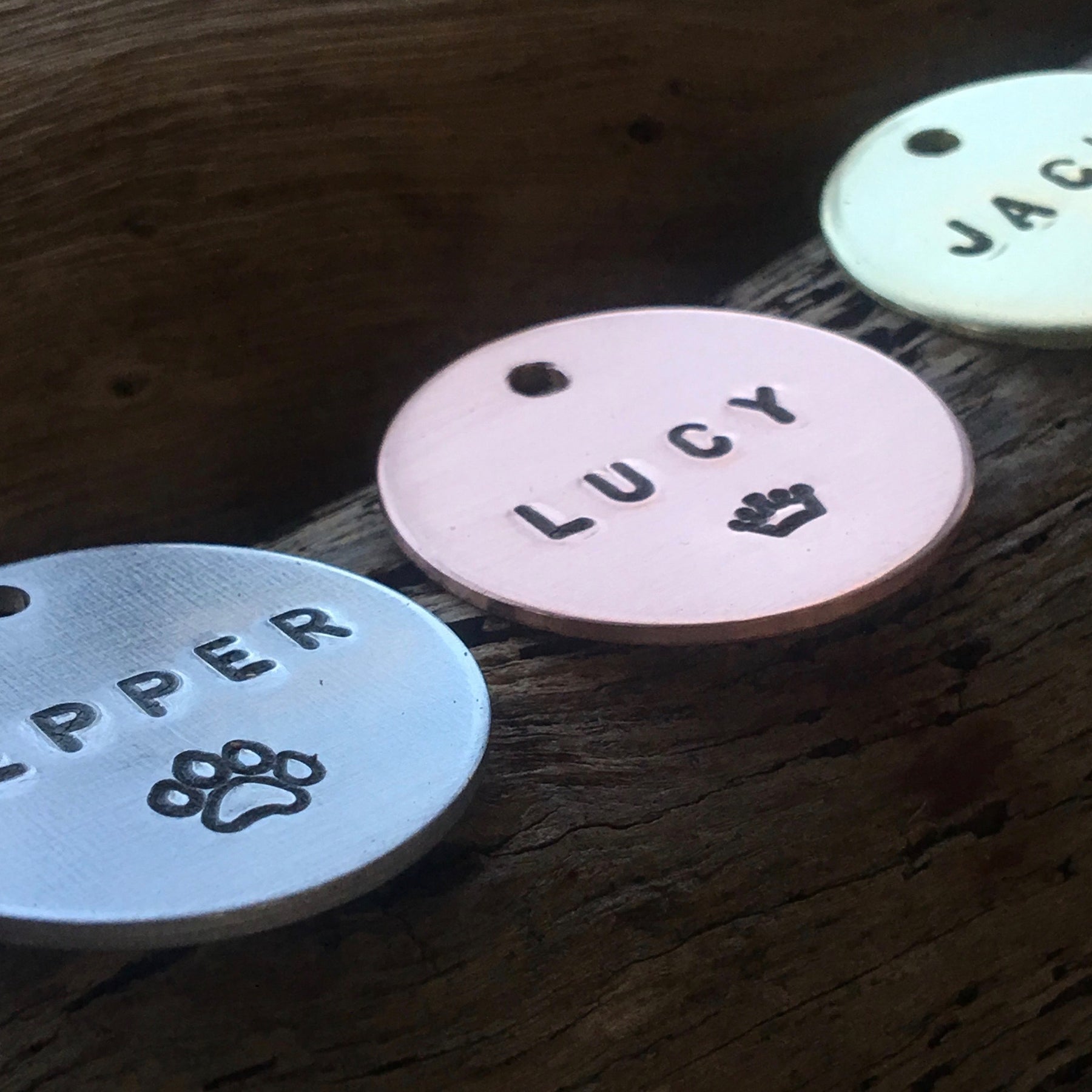 Hand Stamped ID tag Dog Cat Copper Brass or Aluminium