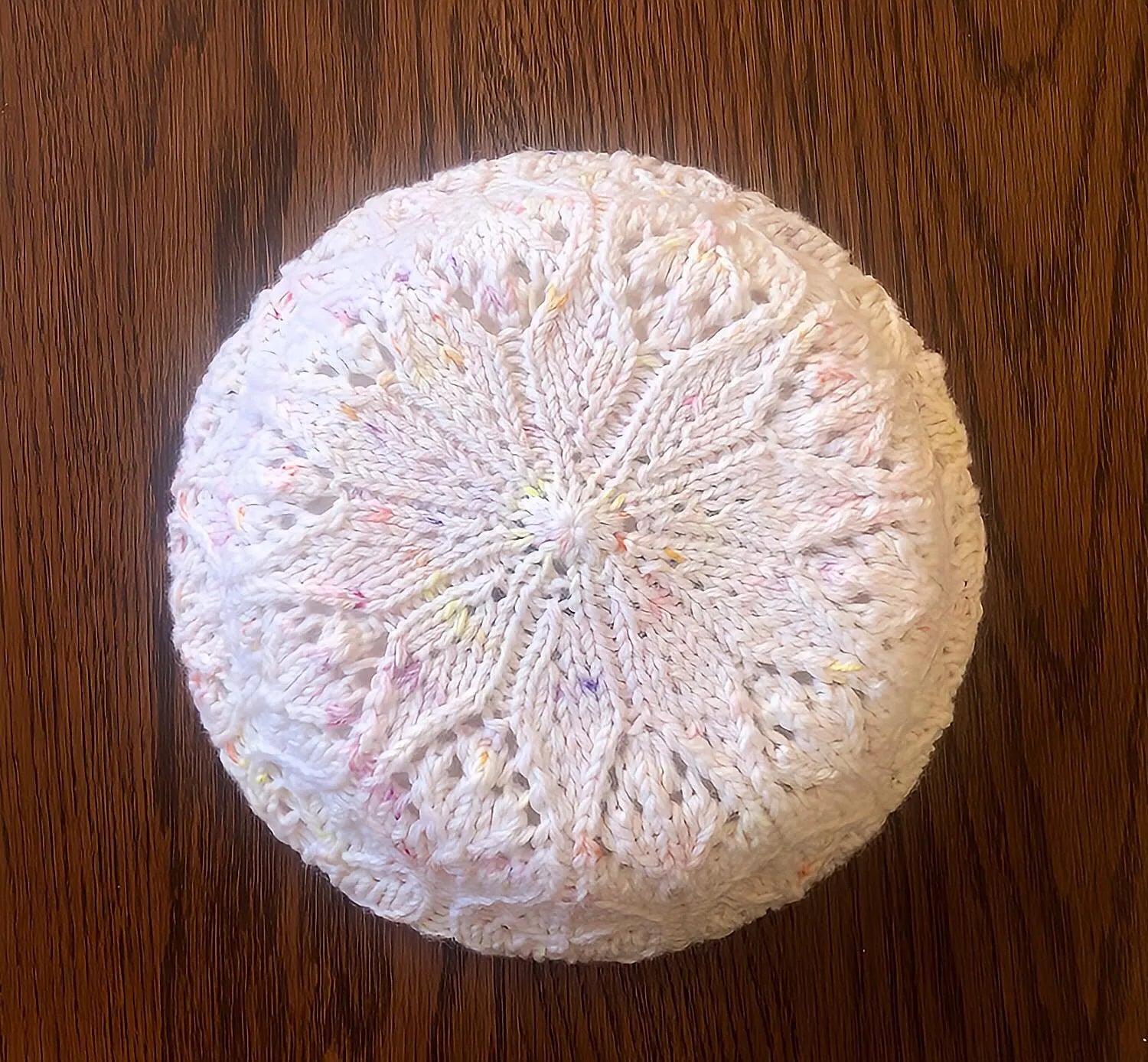 Hand knit Zest and white Beanie Hat