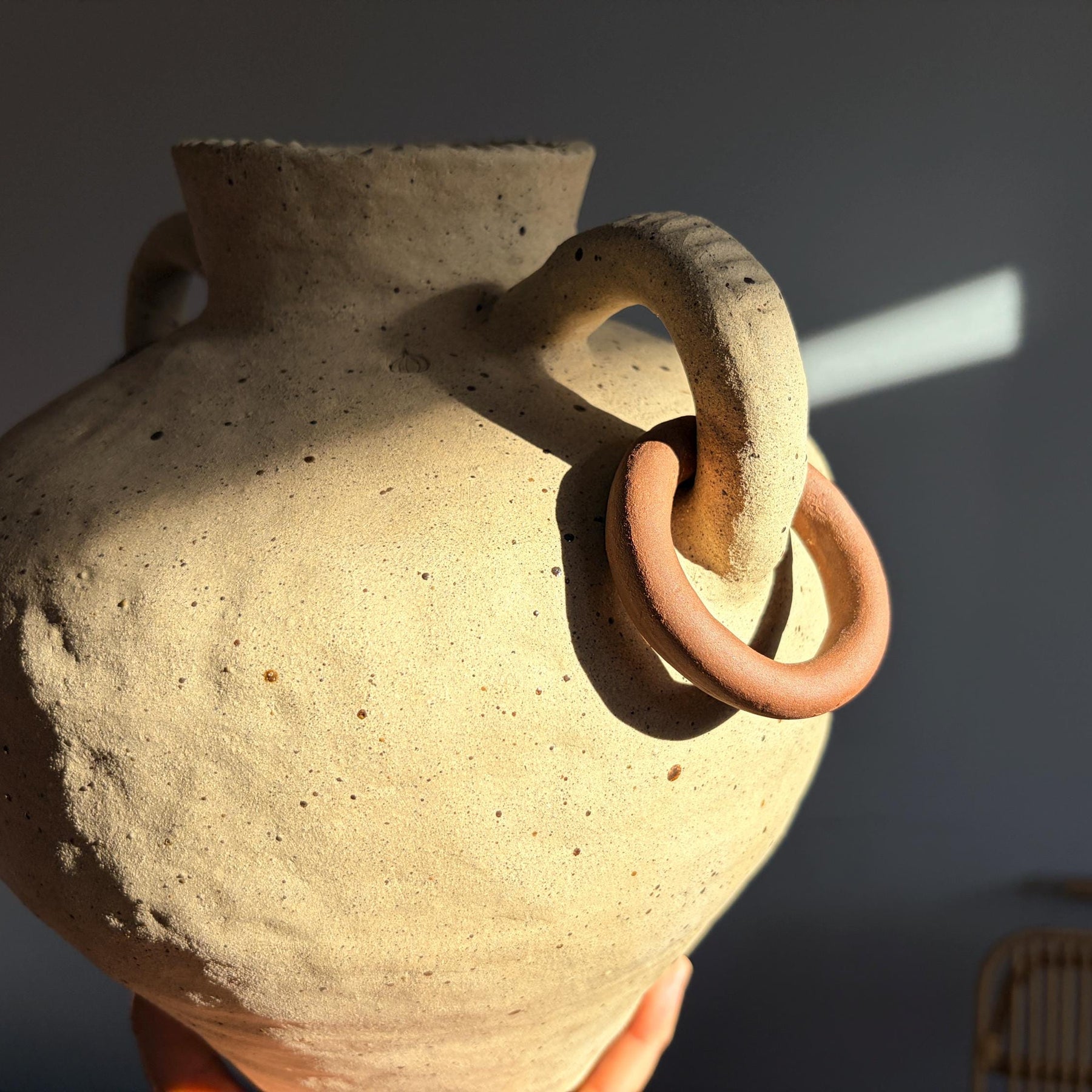Handmade Ceramic Vase with Handles and Terracotta Rings – Textured Rustic Style