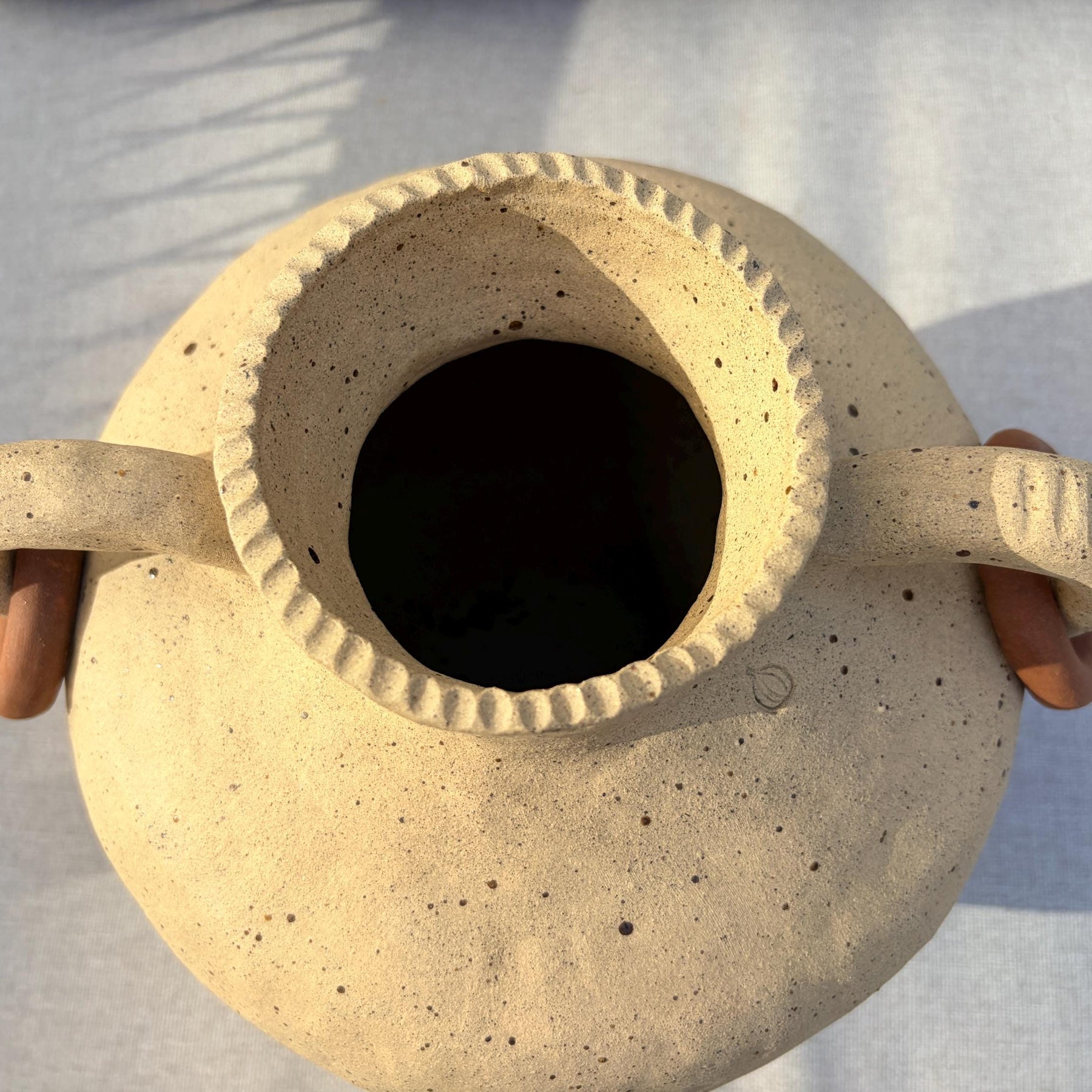 Handmade Ceramic Vase with Handles and Terracotta Rings – Textured Rustic Style