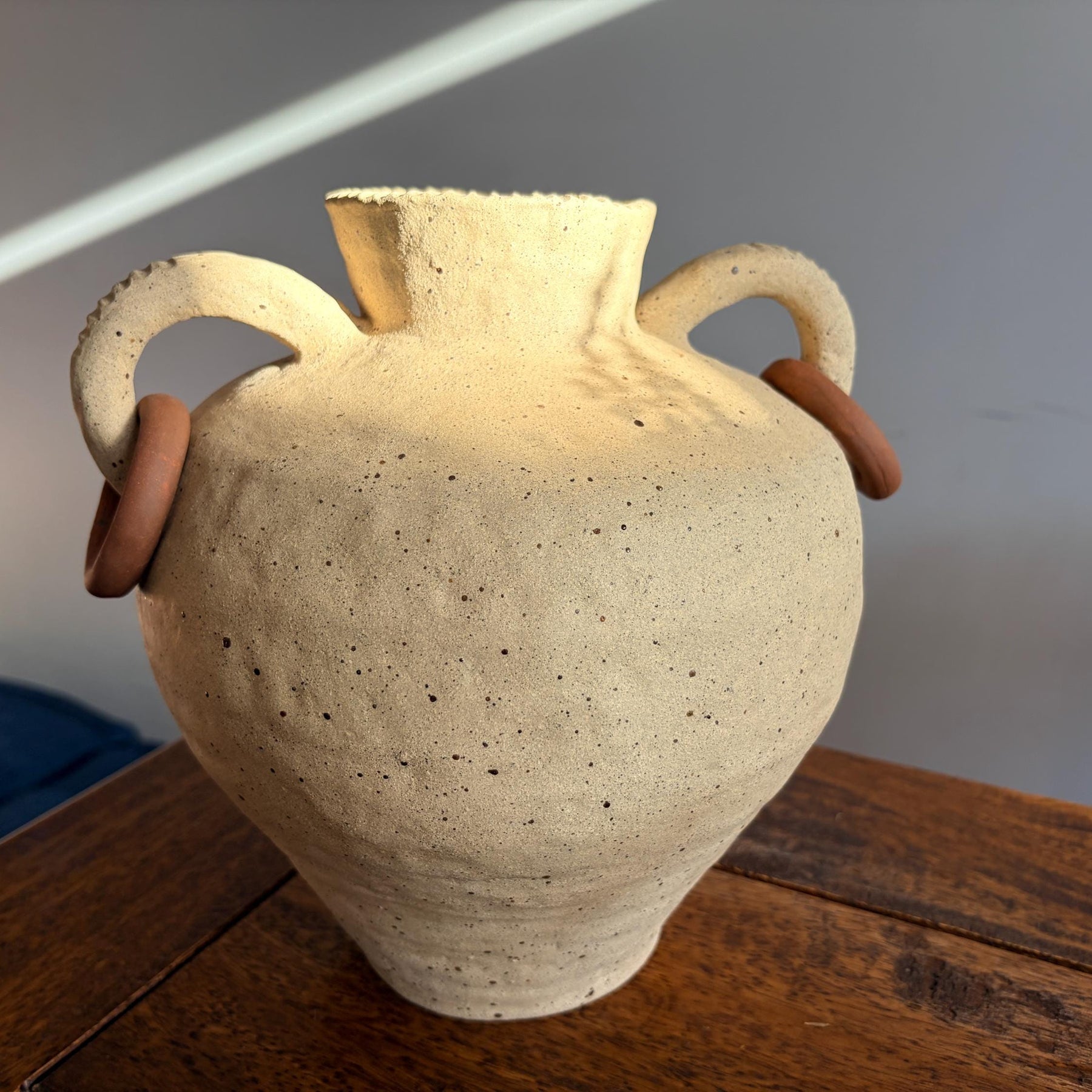 Handmade Ceramic Vase with Handles and Terracotta Rings – Textured Rustic Style