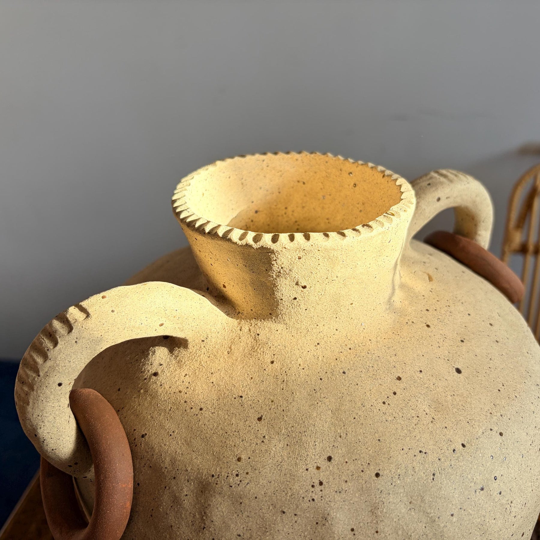 Handmade Ceramic Vase with Handles and Terracotta Rings – Textured Rustic Style