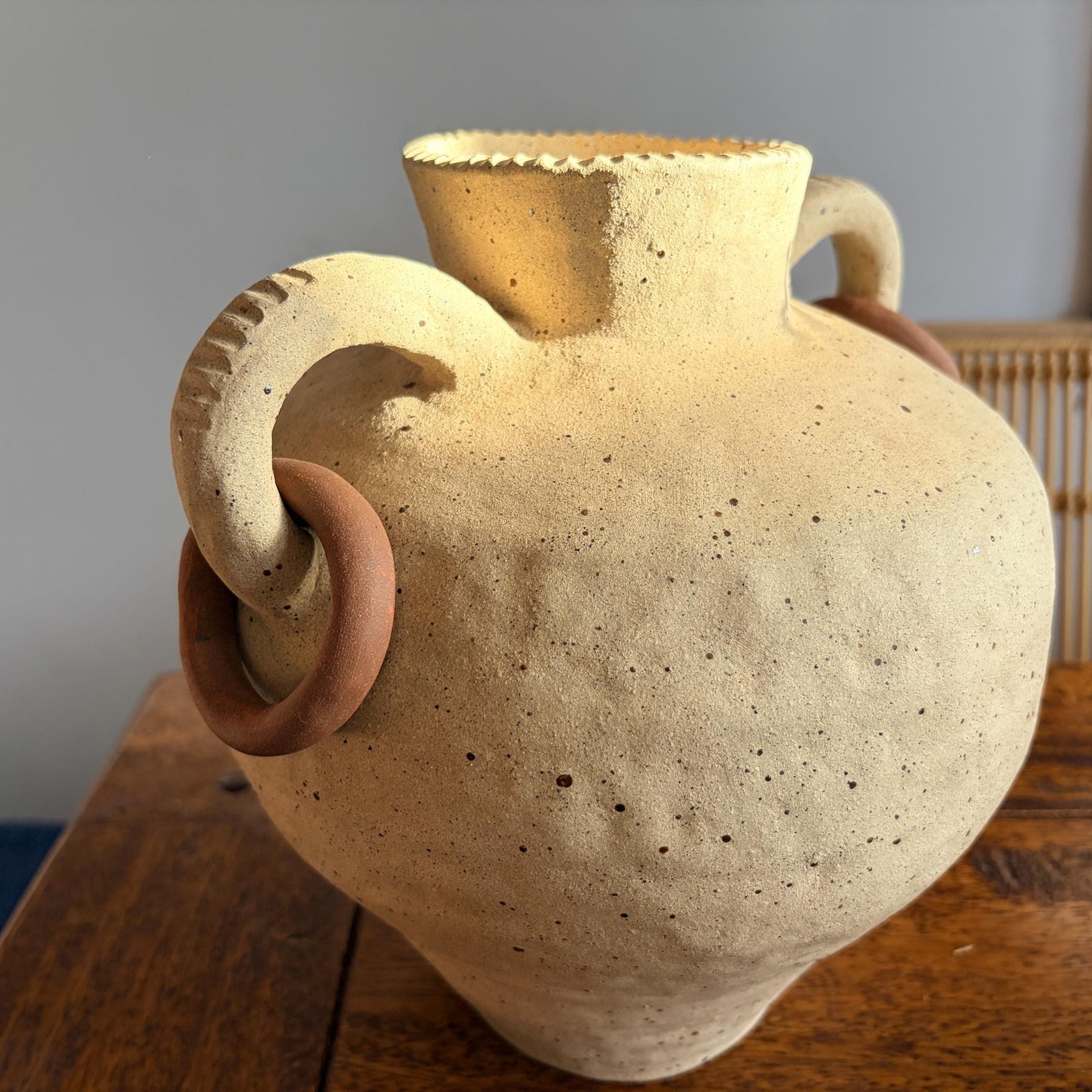 Handmade Ceramic Vase with Handles and Terracotta Rings – Textured Rustic Style
