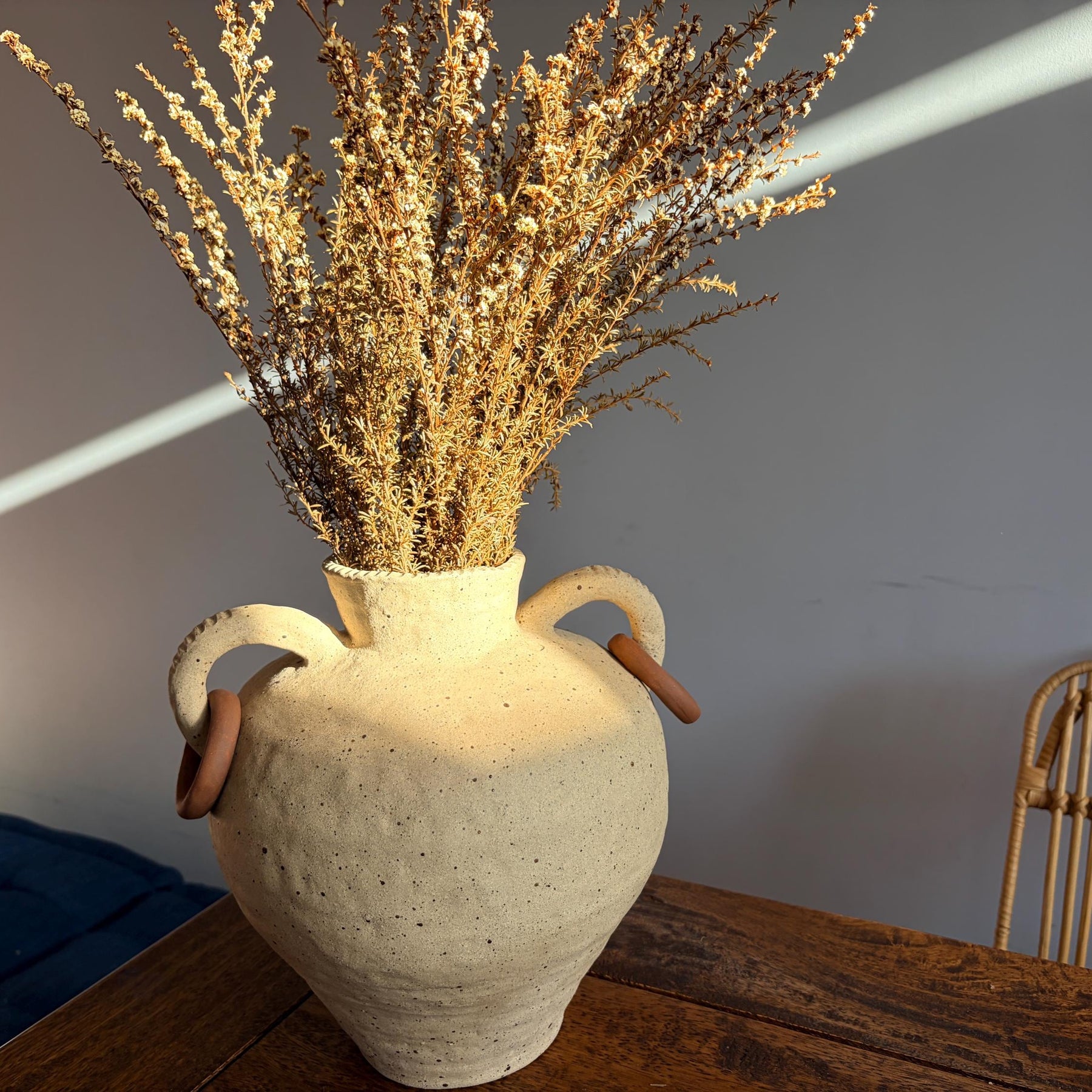 Handmade Ceramic Vase with Handles and Terracotta Rings – Textured Rustic Style