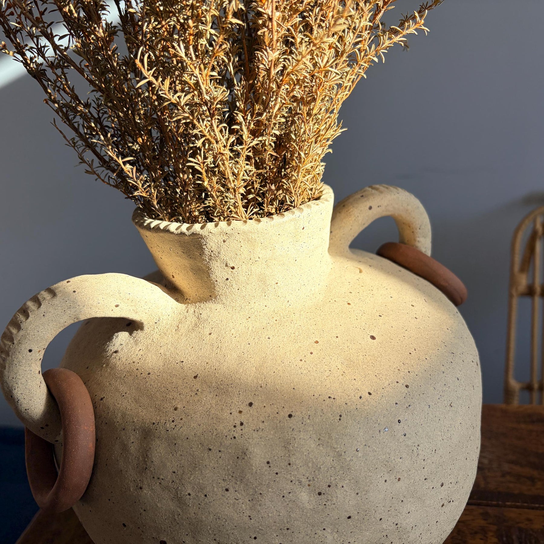 Handmade Ceramic Vase with Handles and Terracotta Rings – Textured Rustic Style