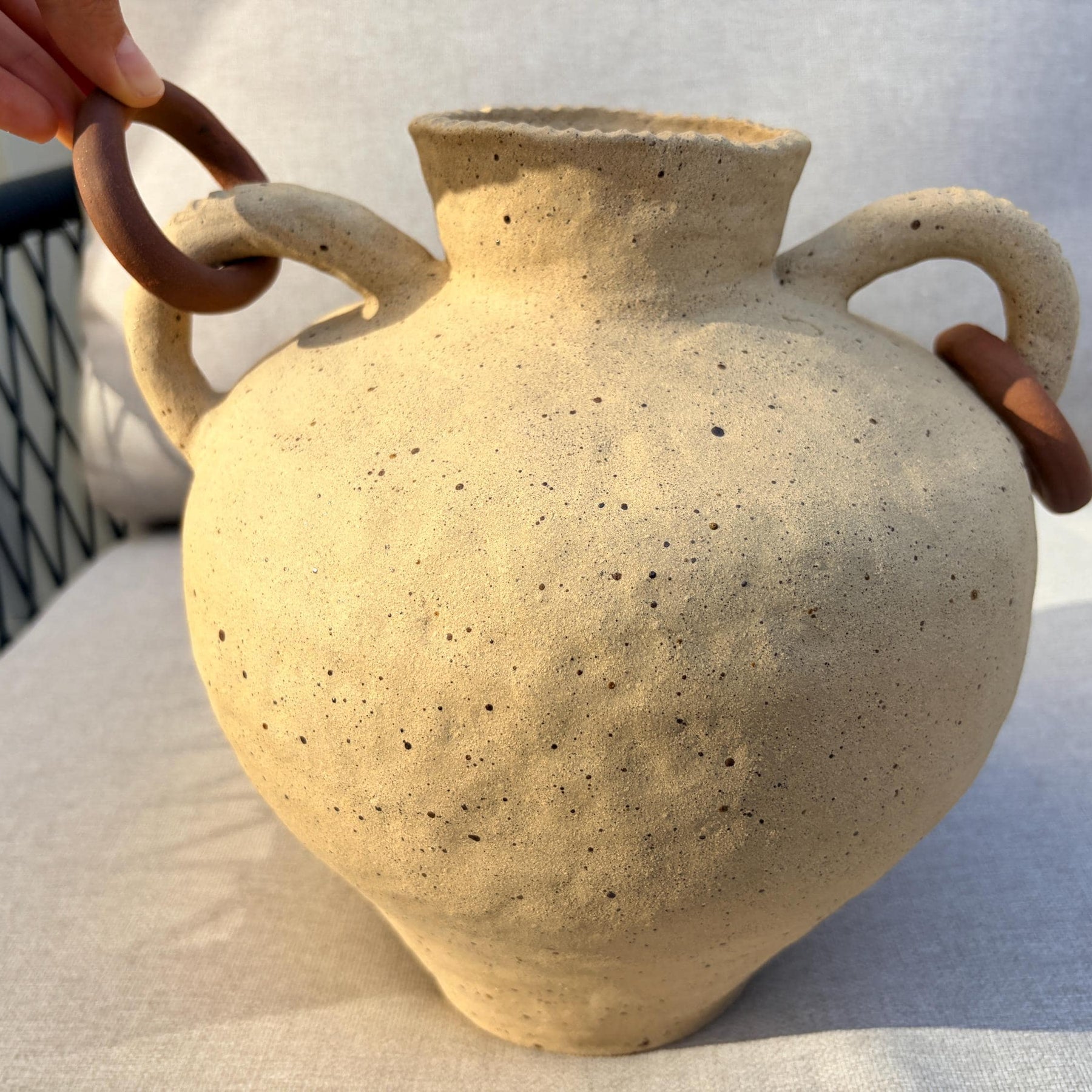 Handmade Ceramic Vase with Handles and Terracotta Rings – Textured Rustic Style