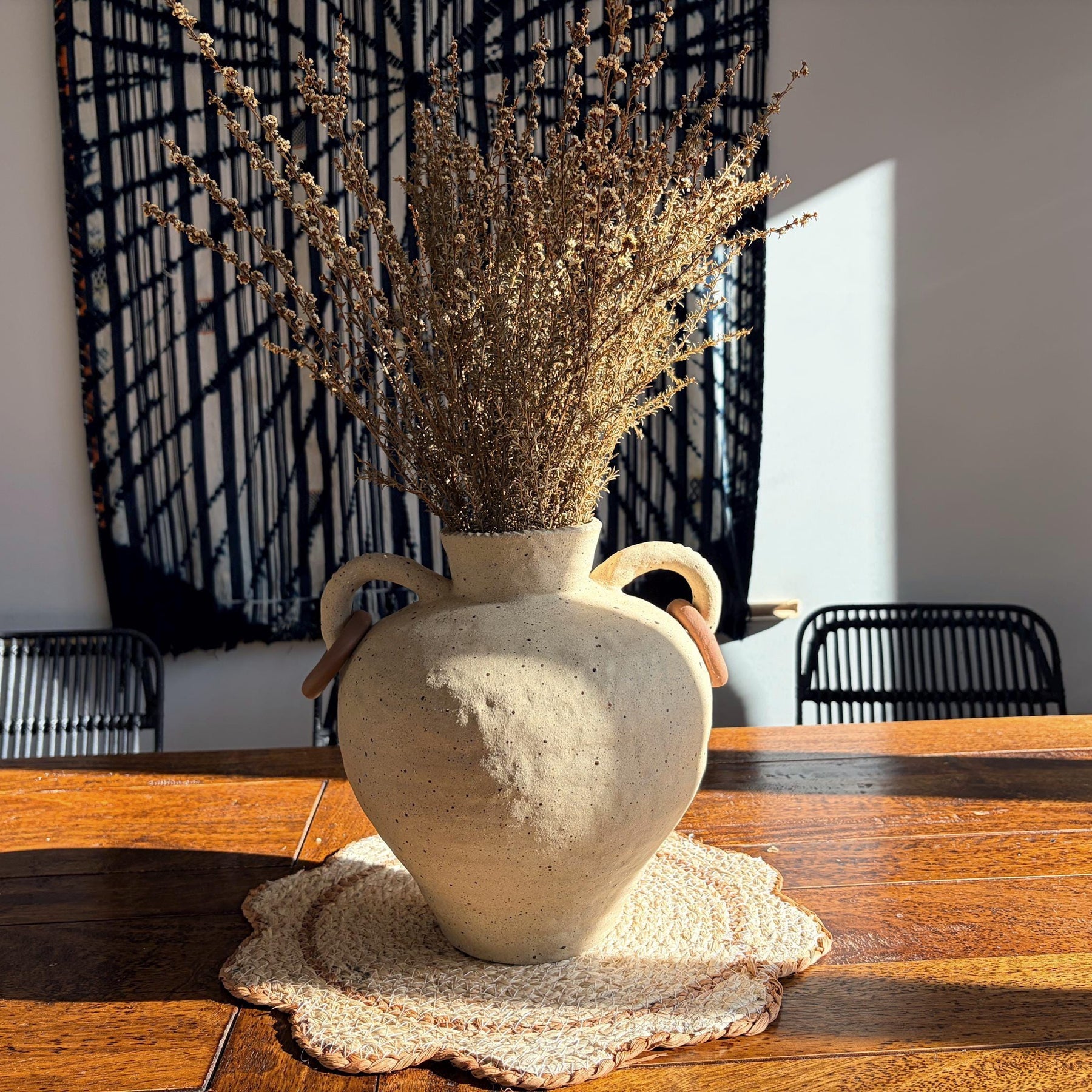 Handmade Ceramic Vase with Handles and Terracotta Rings – Textured Rustic Style