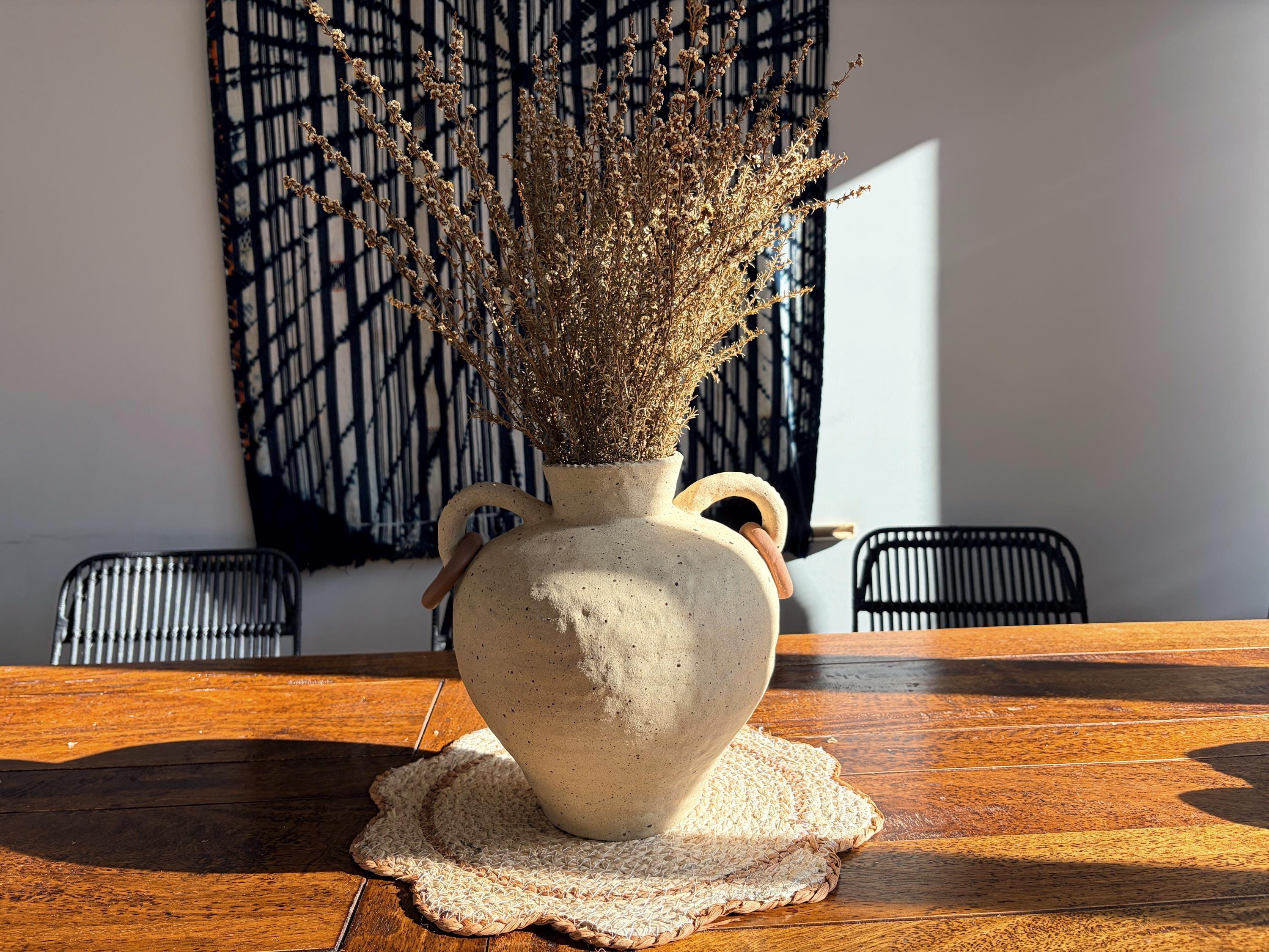 Handmade Ceramic Vase with Handles and Terracotta Rings – Textured Rustic Style