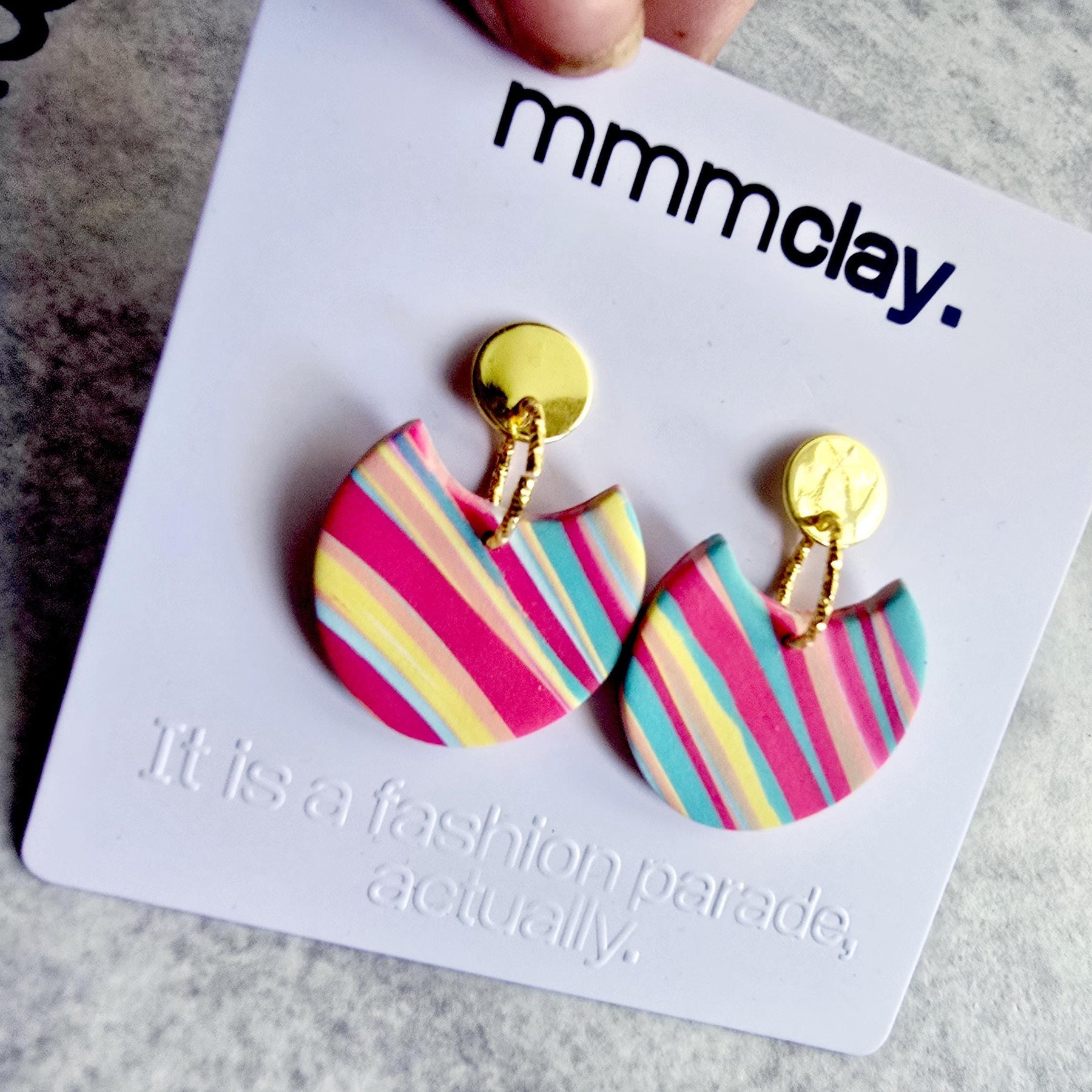 Multicolour Striped Polymer Clay Statement Drop Earrings | 9K Gold Plated