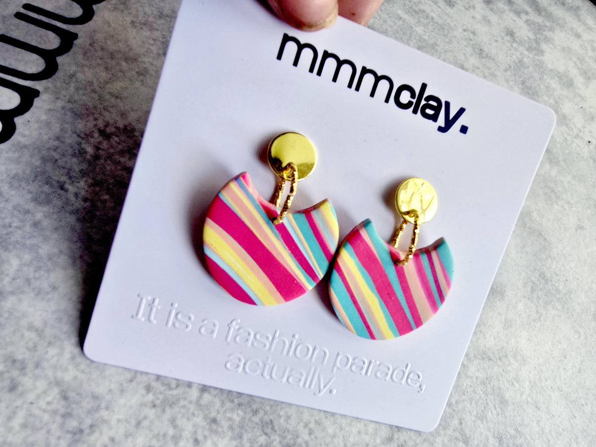 Multicolour Striped Polymer Clay Statement Drop Earrings | 9K Gold Plated