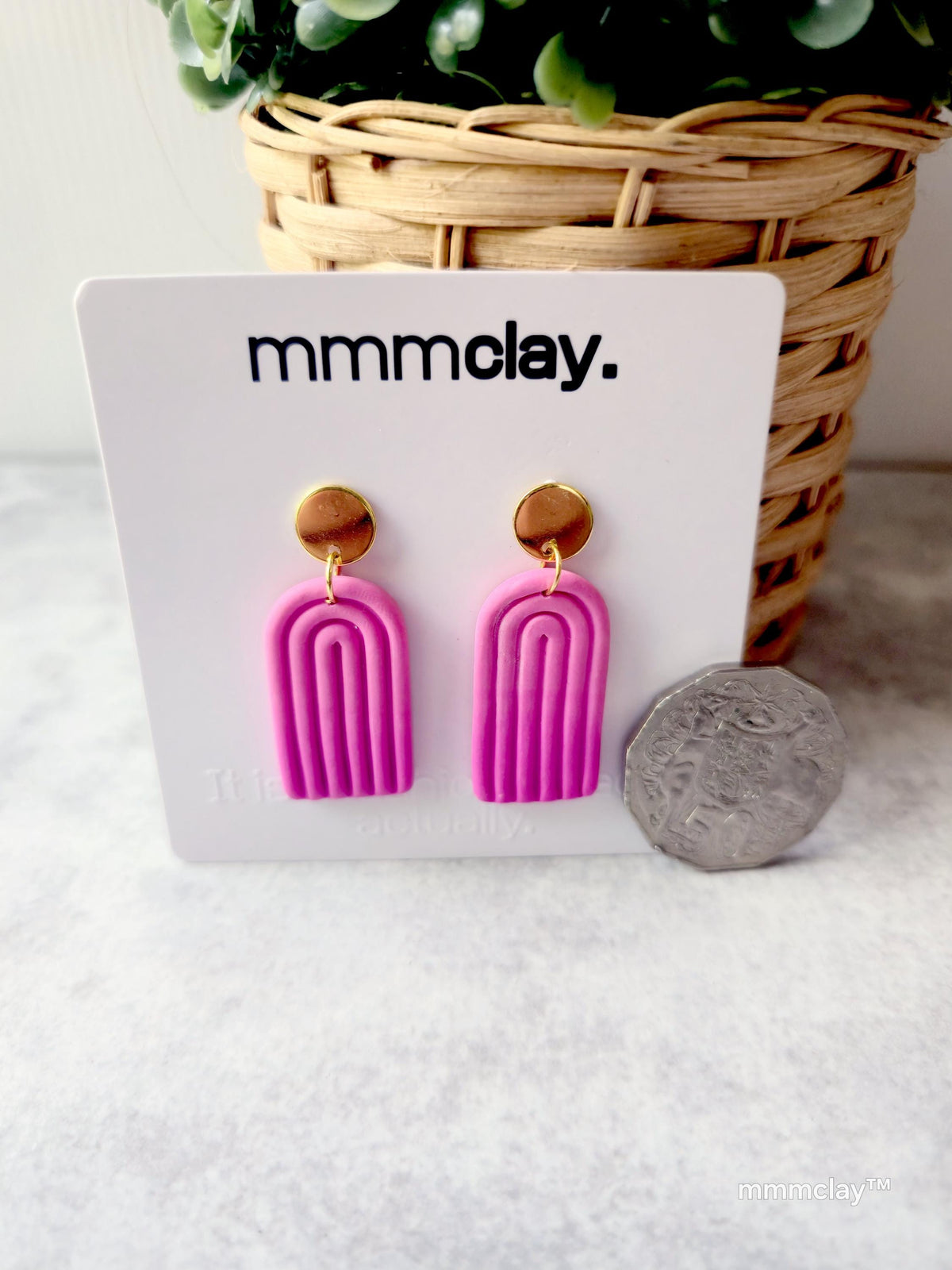 Hot Pink Polymer Clay Arch Earrings