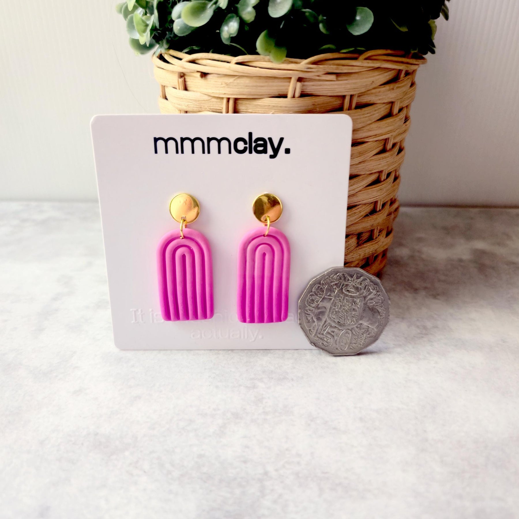 Hot Pink Polymer Clay Arch Earrings