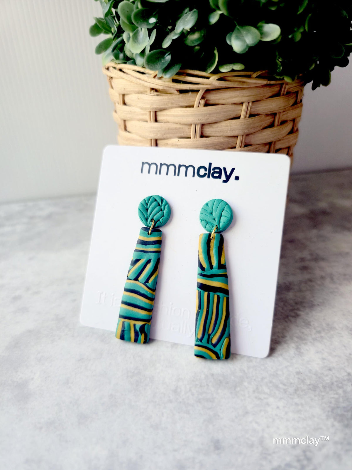 Black and Green Striped Polymer Clay Drop Earrings