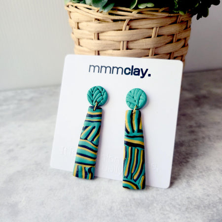Black and Green Striped Polymer Clay Drop Earrings