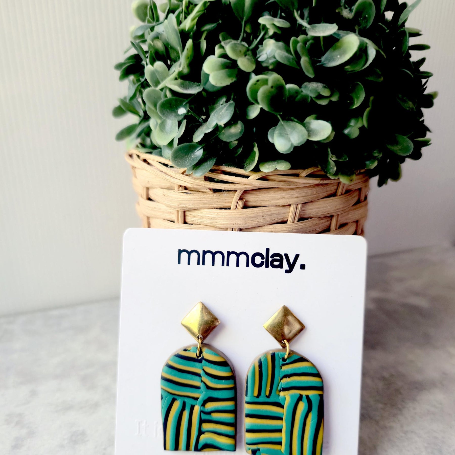 Teal and Mustard Striped Polymer Clay Arch Earrings