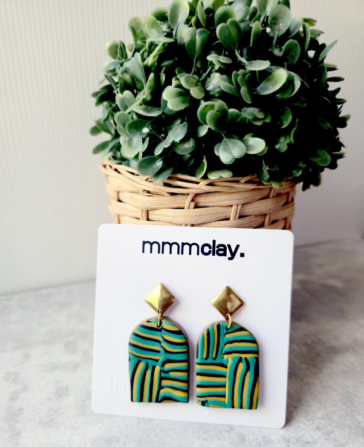 Teal and Mustard Striped Polymer Clay Arch Earrings