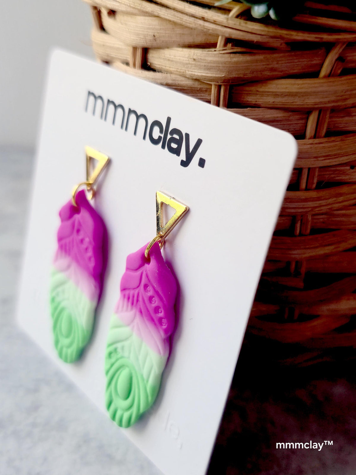 Mint & Neon Pink Polymer Clay Feather Earrings