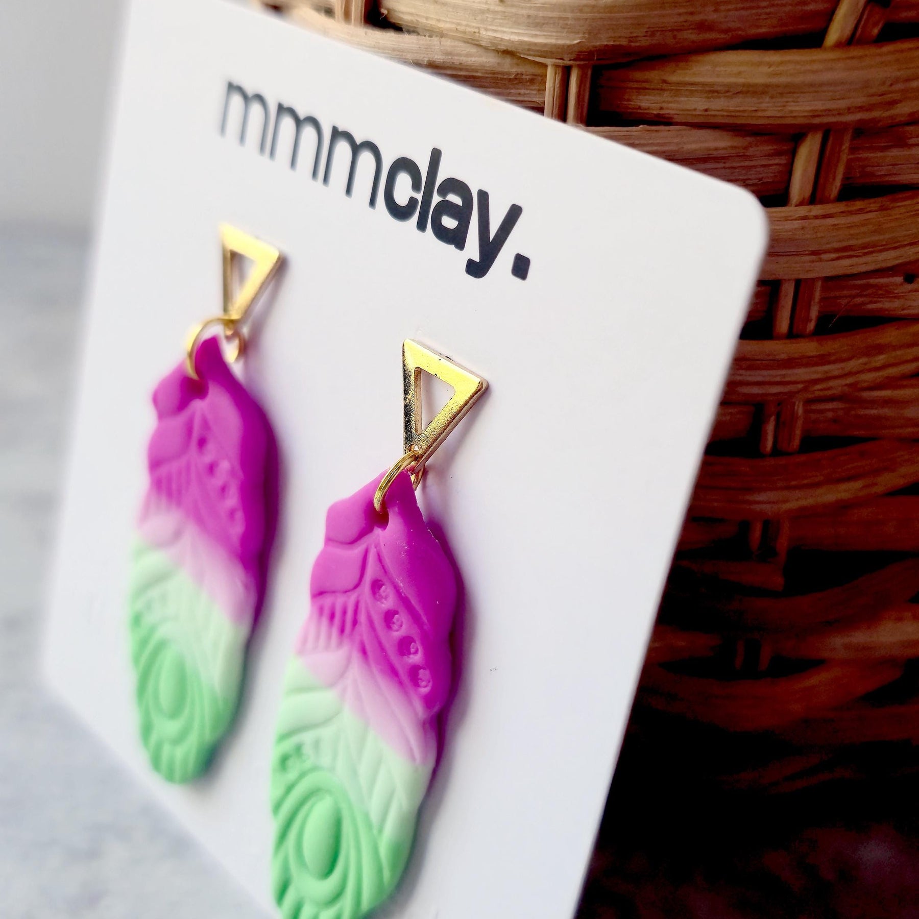 Mint Green & Neon Pink Feather Polymer Clay Earrings
