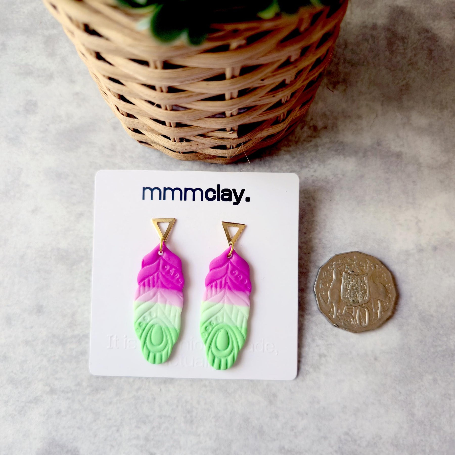 Mint & Neon Pink Polymer Clay Feather Earrings