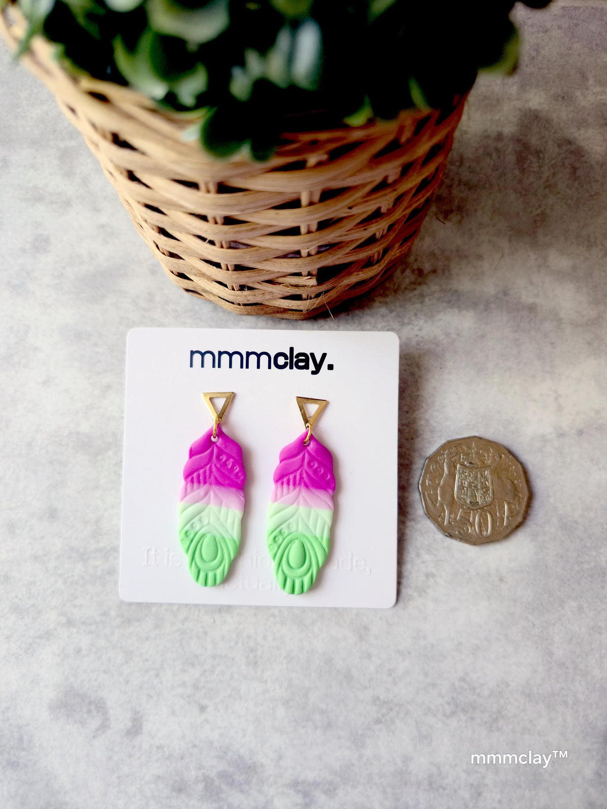 Mint & Neon Pink Polymer Clay Feather Earrings