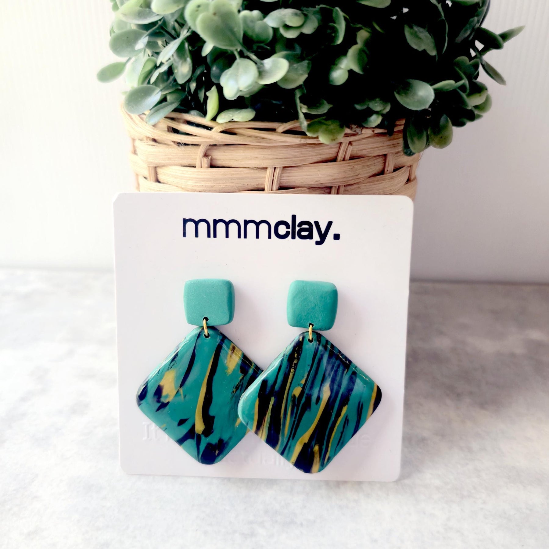 Teal Mustard Black Geometric Polymer Clay Dangle Earrings