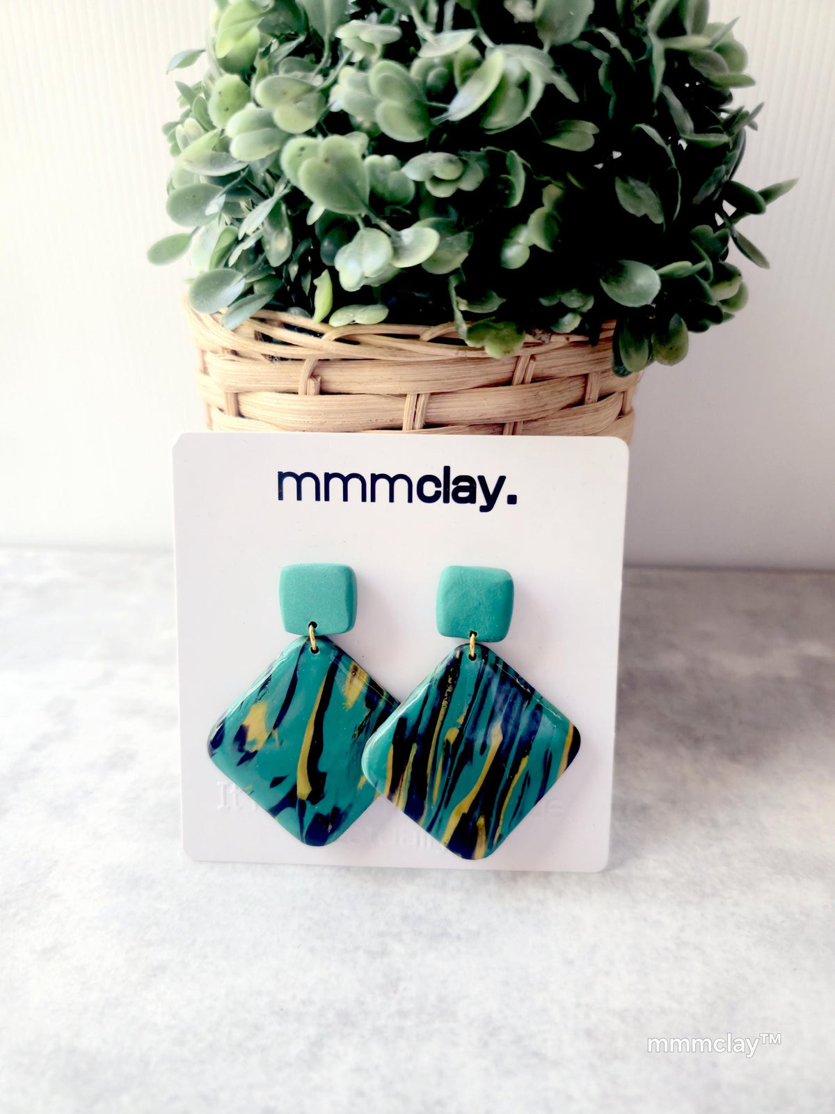 Teal Mustard Black Geometric Polymer Clay Dangle Earrings